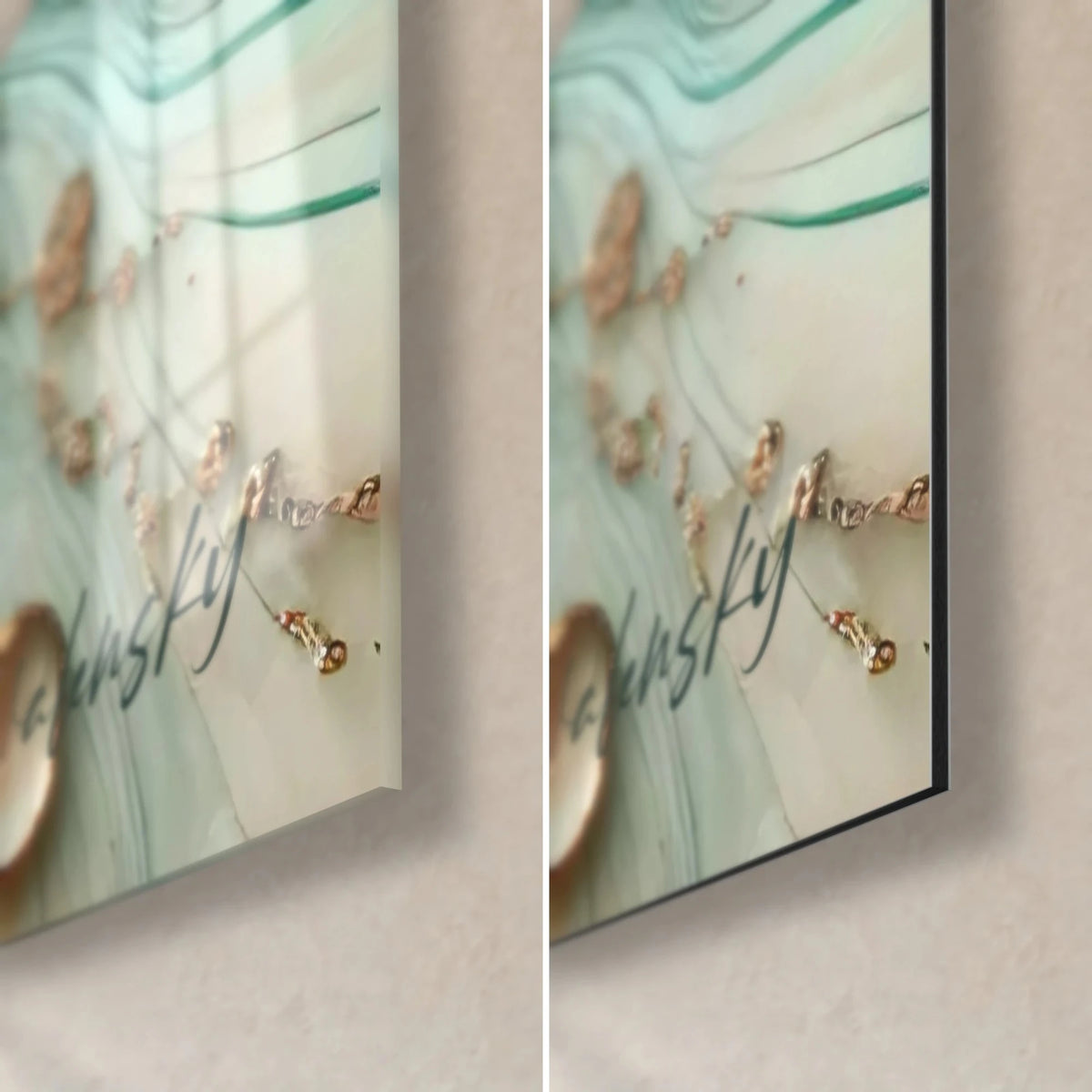 Tableau résine marbrée turquoise et rose corail, coin bas droit, verre brillant à gauche, Dibond mat à droite, tranche 3 mm