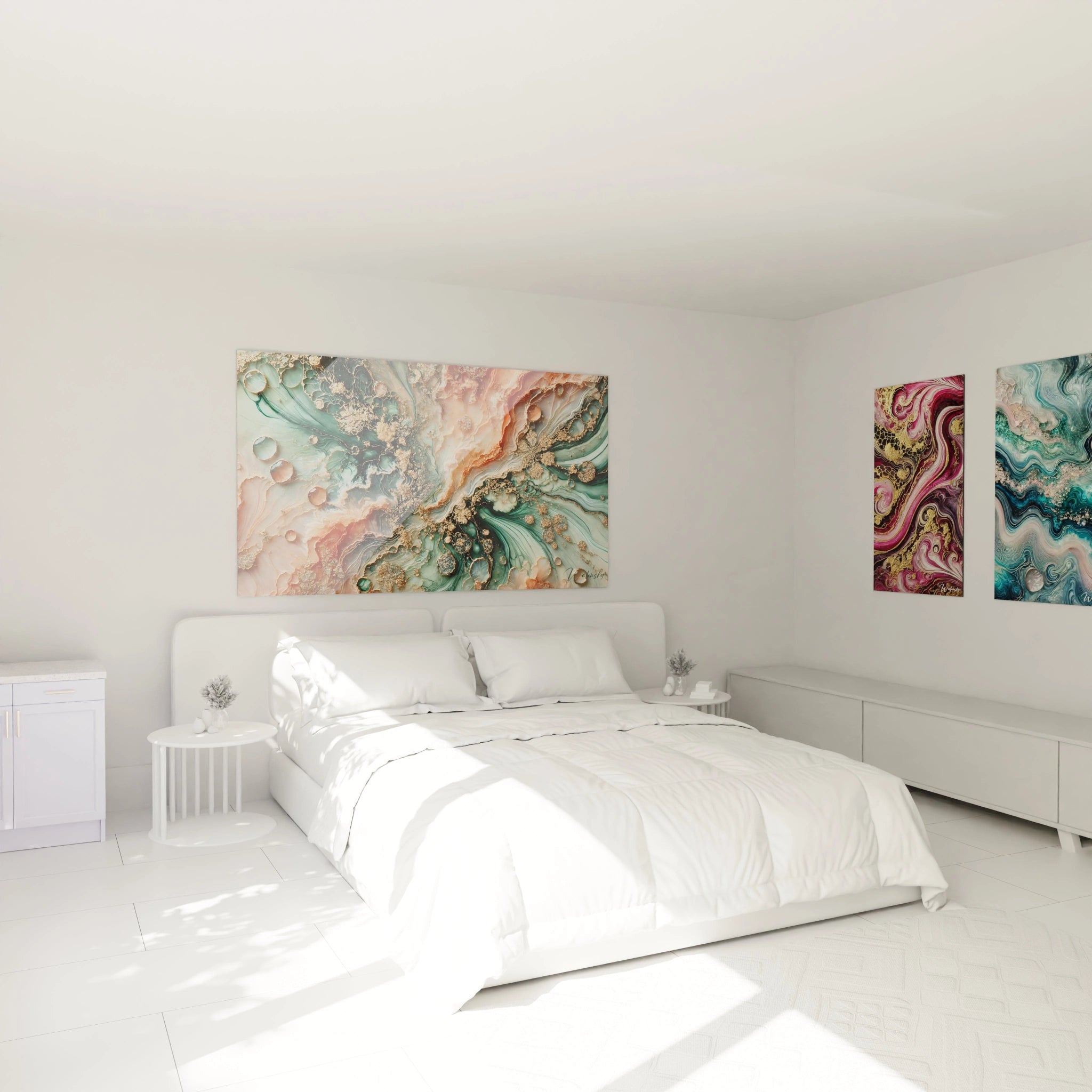 Accroché au-dessus du lit, ce tableau style epoxy diffuse une énergie douce et apaisante. Les couleurs vertes et dorées apportent une atmosphère sereine et organique à la chambre.