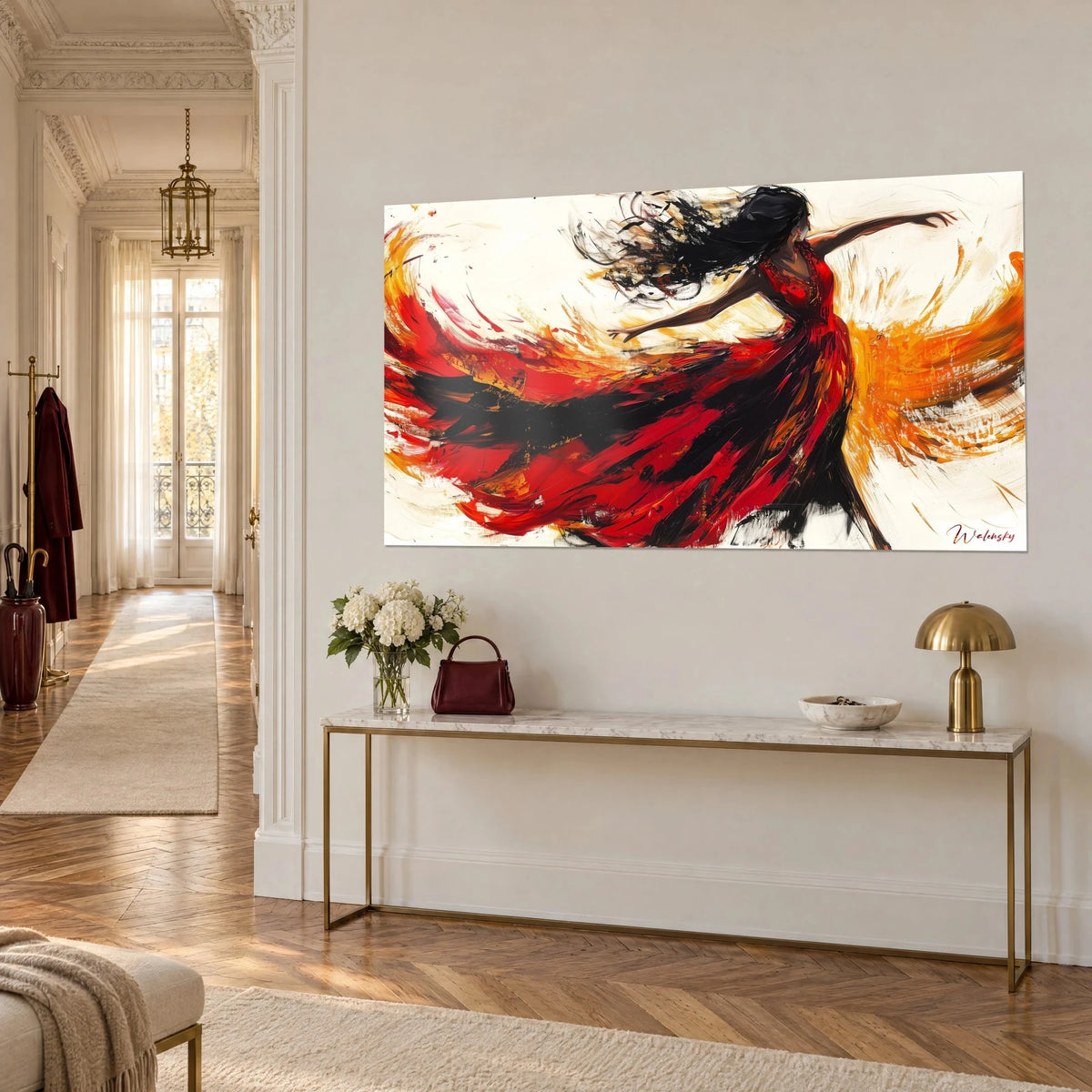 Wall art of a woman in a purple dress with arms outstretched, flowing black hair, ivory background, on a Haussmann-style corridor wall