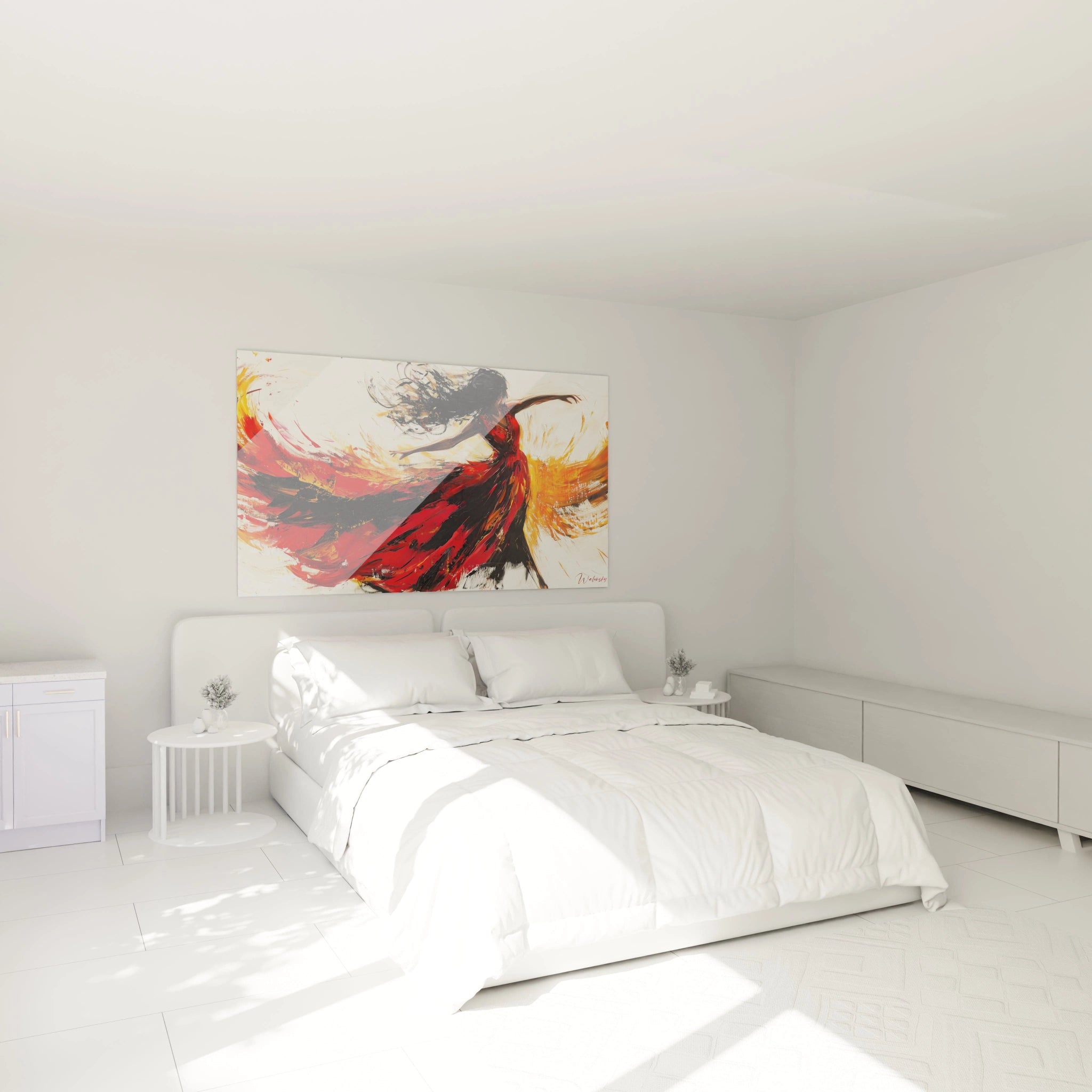 Tableau abstrait de danseuse rouge sur fond clair pour décorer une chambre moderne
