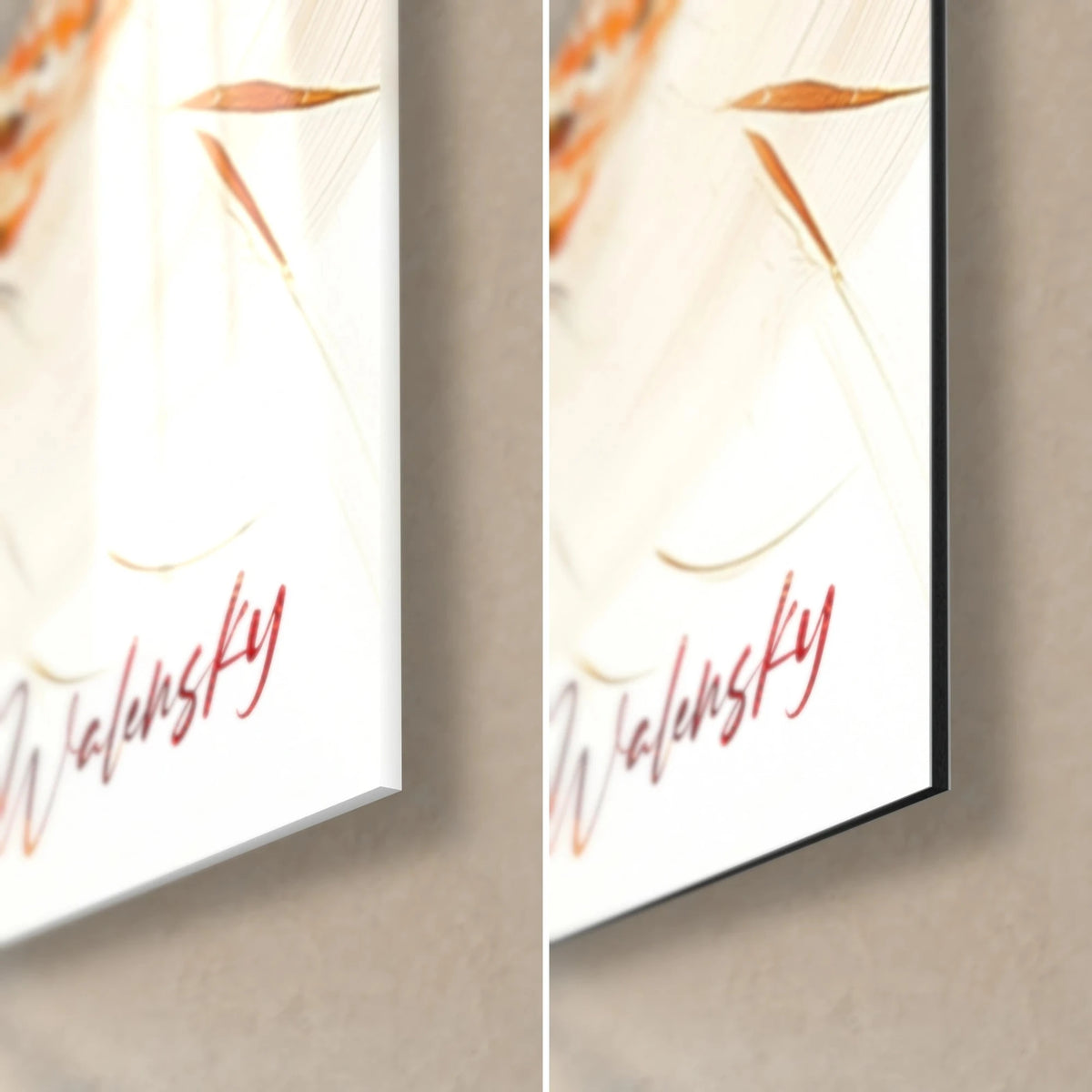 Wall art of a flamenco dancer in a scarlet dress, bottom right corner: red Walensky signature, glossy glass on the left, matte Dibond on the right