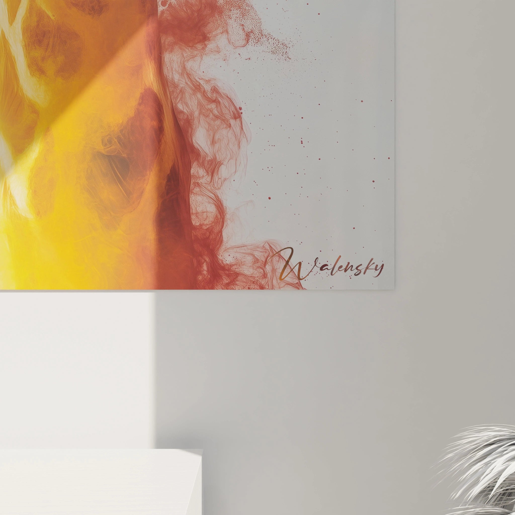 Un tableau girafe fluide combinant détails anatomiques précis et dissolution chromatique, où les couleurs bleues, oranges et jaunes se fondent en vapeurs colorées tout en préservant la silhouette reconnaissable de l'animal.
