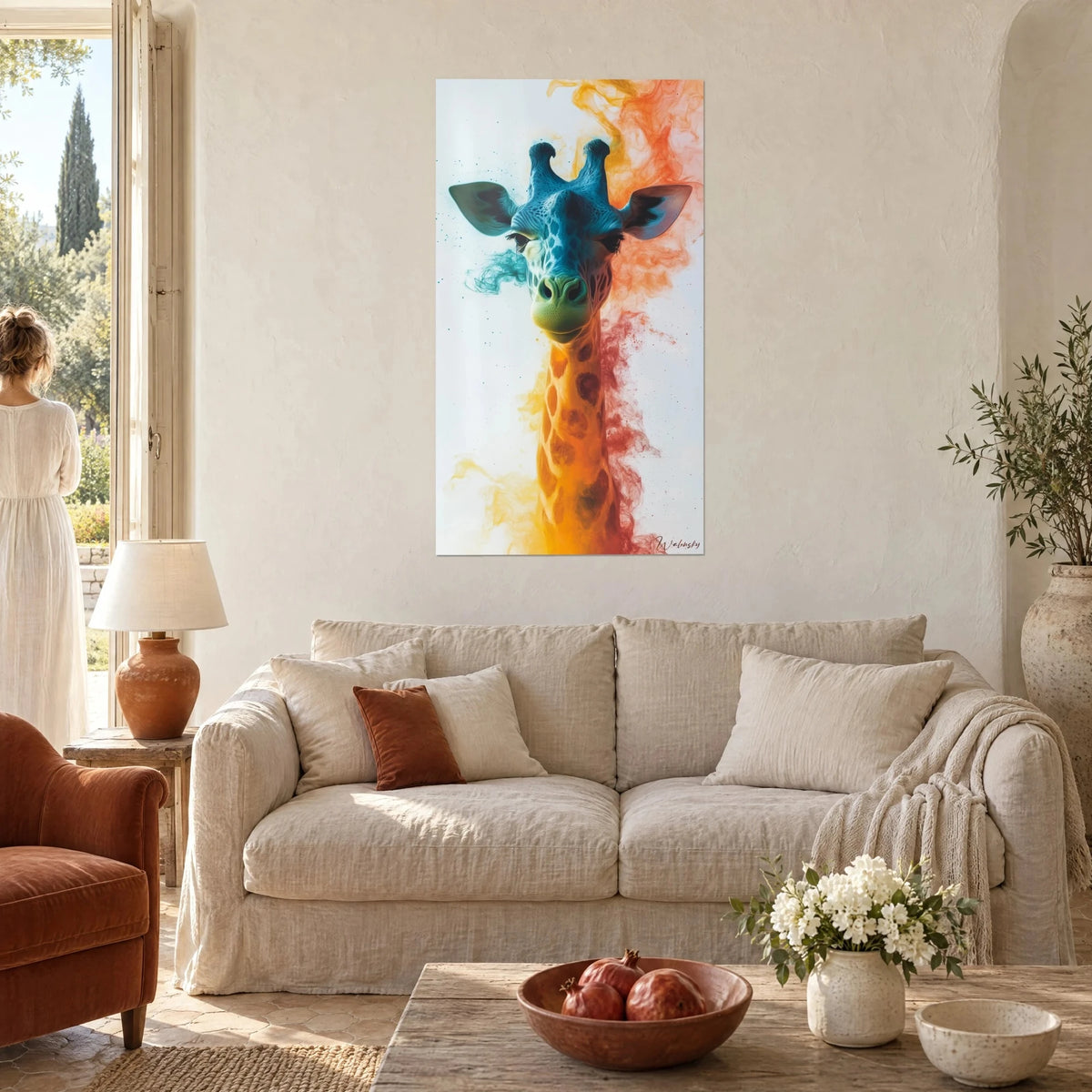 Gemälde Giraffe mit grüner Schnauze und türkisblauem Körper, orangefarbener und roter Rauch, über einem Sofa in einem hellen Wohnzimmer