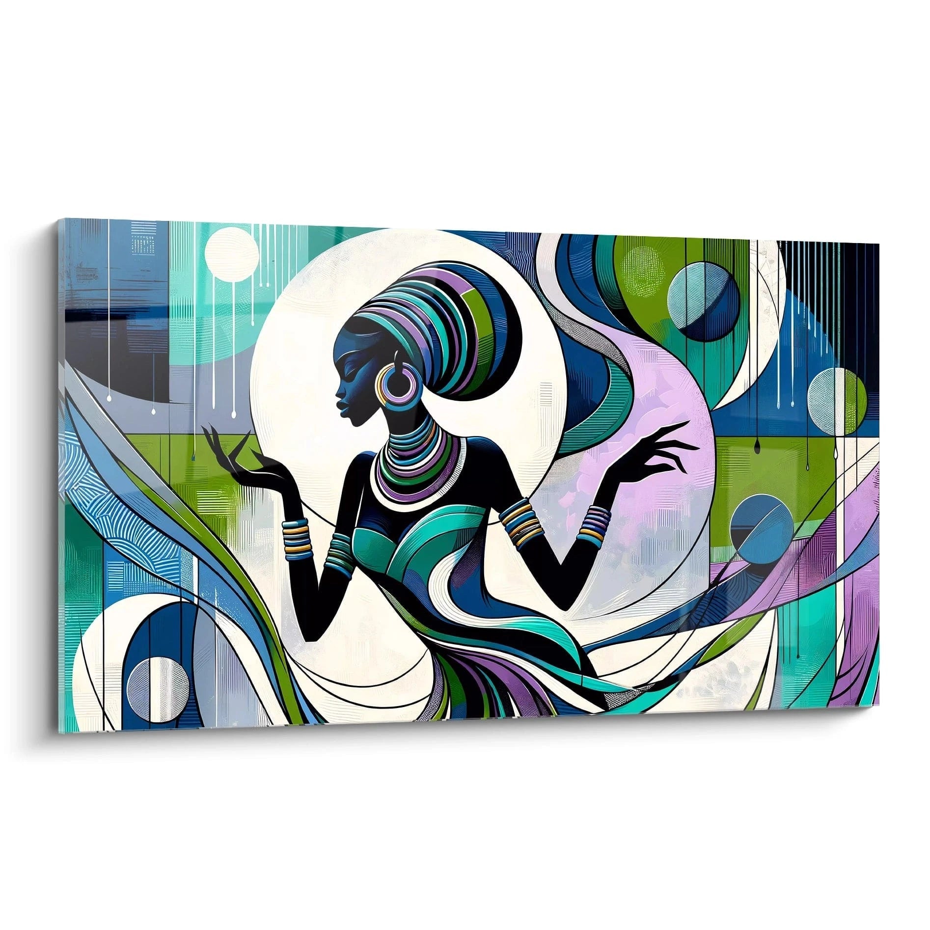 tableau africain de biais bleu vert et violet aux courbes fluides capture la grâce des femmes africaines dansant sous la lune parfait pour un espace contemporain ou méditatif


