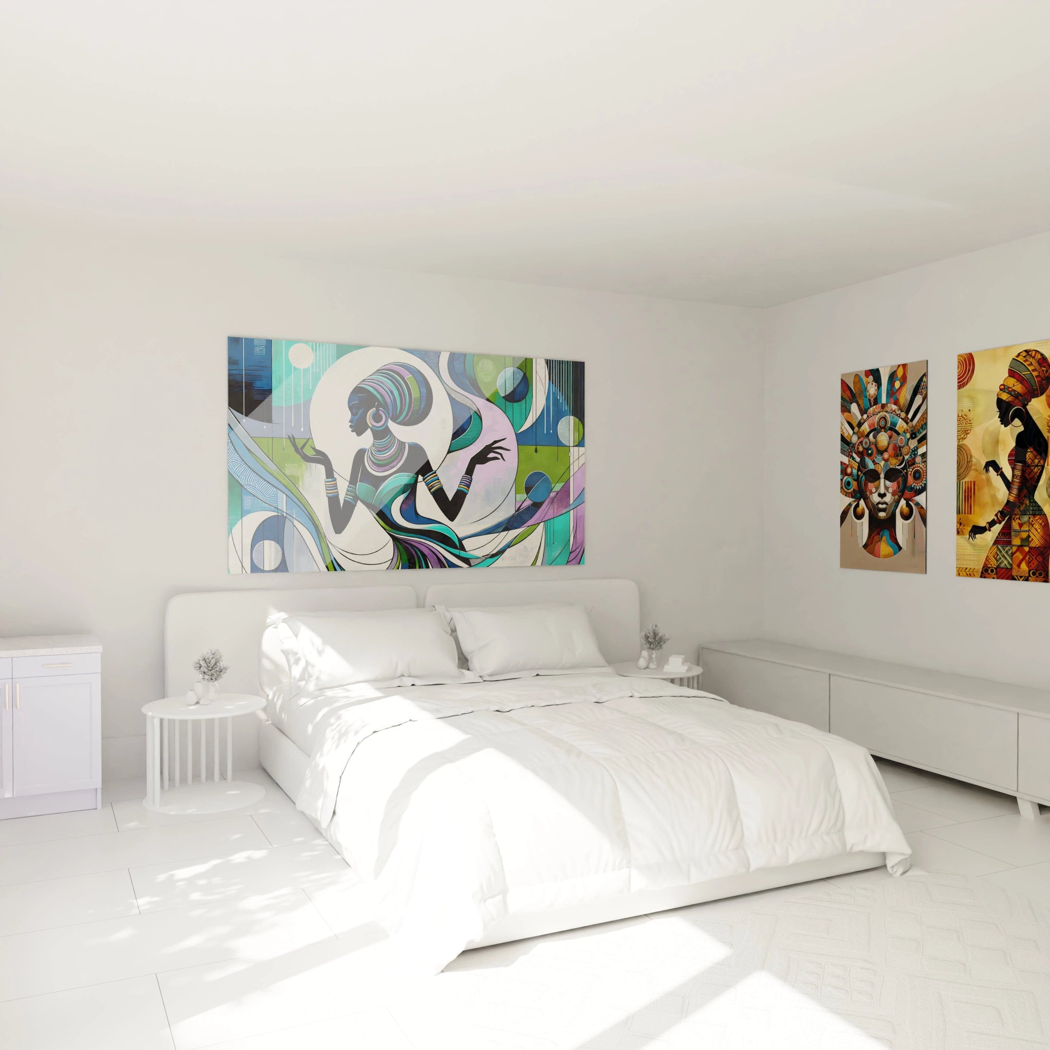tableau africain dans chambre au-dessus lit ajoute sérénité et apaisement tons bleus verts et violets danses traditionnelles africaines subtilement modernes ambiance calme et spirituelle

