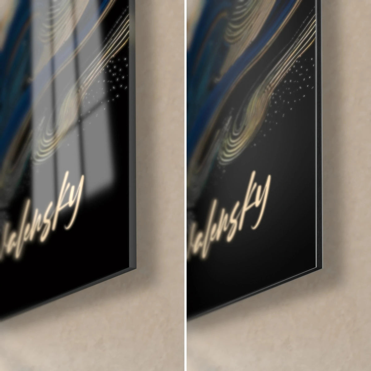 Wall art with an Asian woodblock print, bottom right corner: gold Walensky signature on black background, glossy acrylic glass and matte Dibond, 3 mm edge