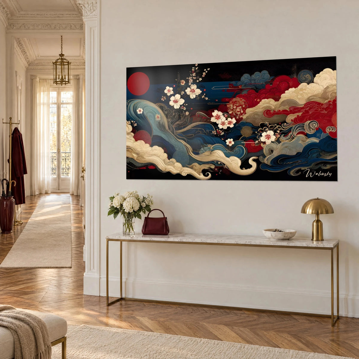 Wall art with a scarlet sun over an indigo sea, cream and gold swirling clouds, cherry trees in bloom, white Haussmann-style wall