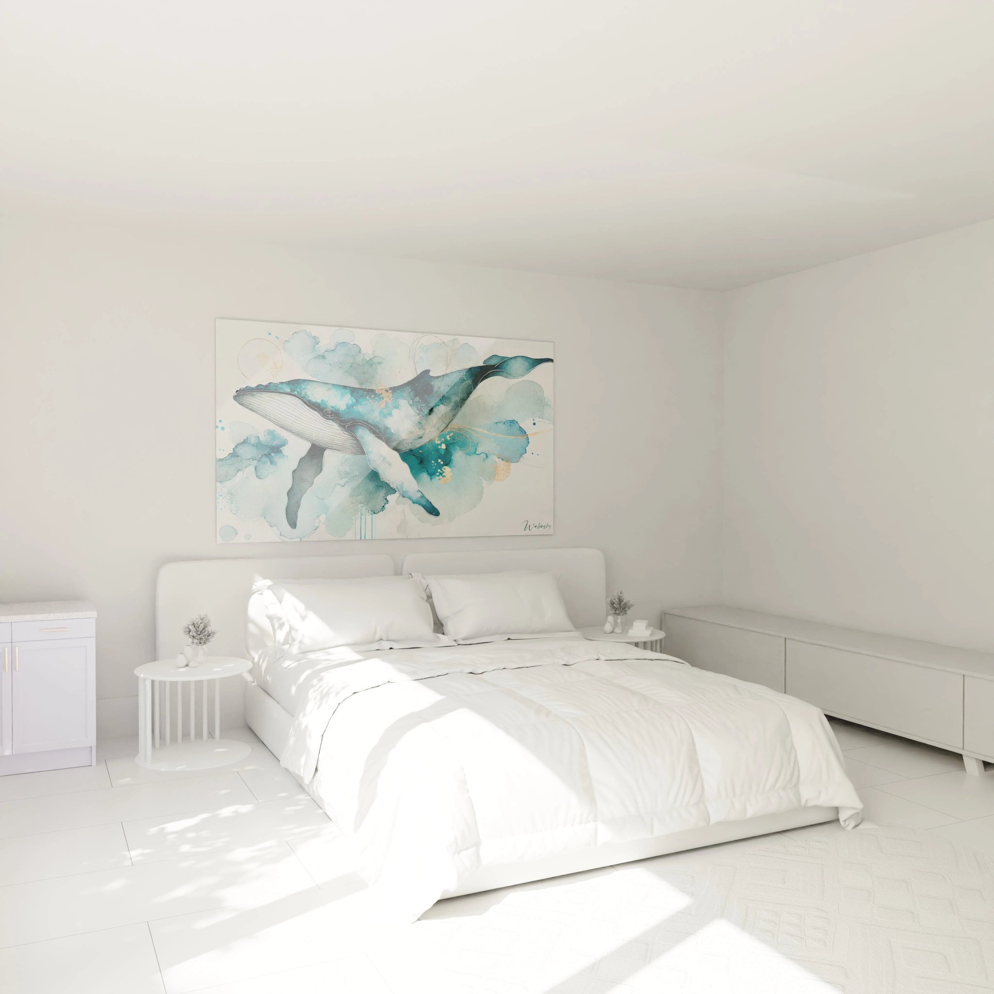 Le tableau baleine, accroché au mur au-dessus du lit, apporte une touche d'évasion et de calme à la chambre. Ses nuances aquatiques et touches dorées créent une ambiance relaxante dans cet espace.

