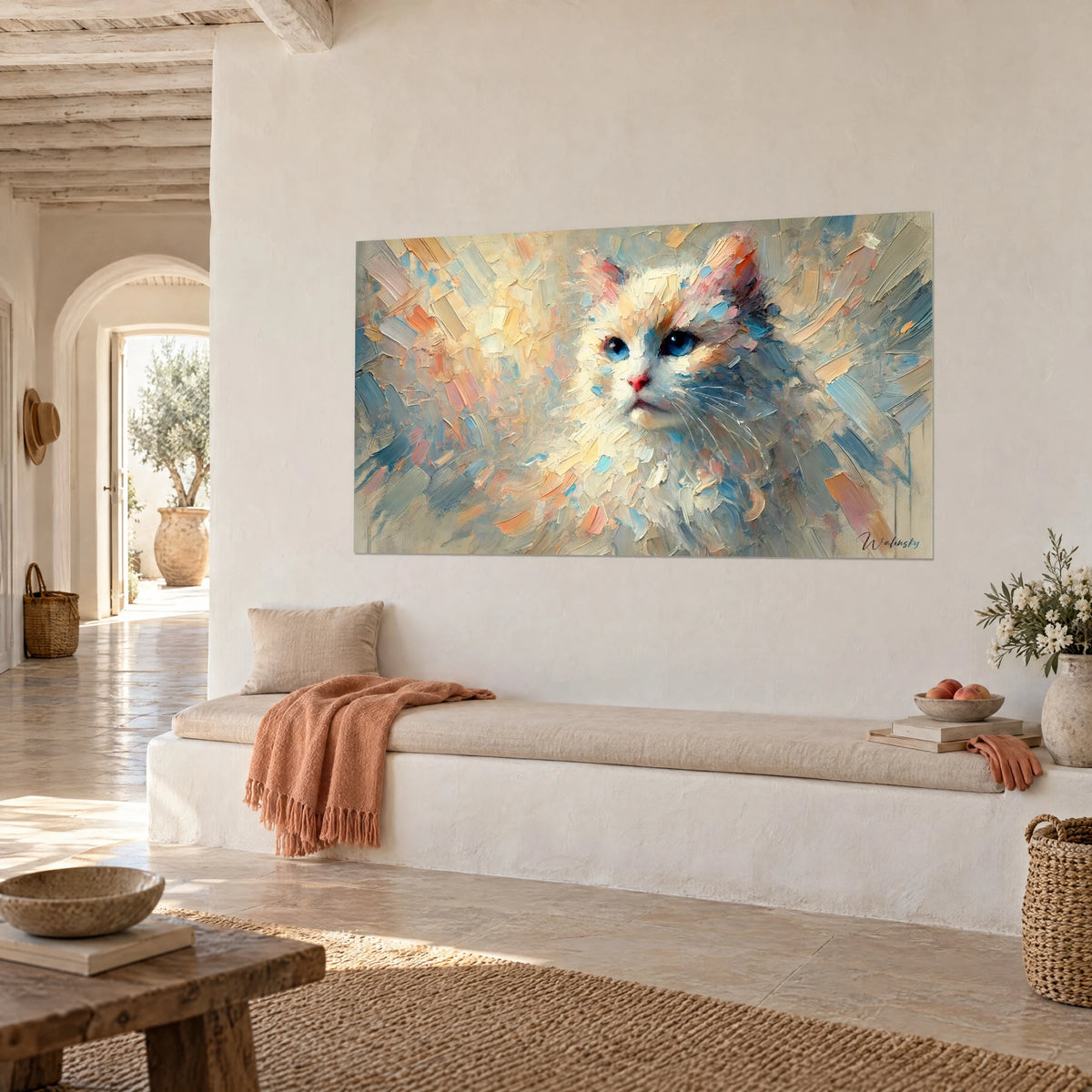 Cuadro gato de angora en pinceladas de espátula crema y azul cielo, colgado en una pared encalada, banco y manta naranja