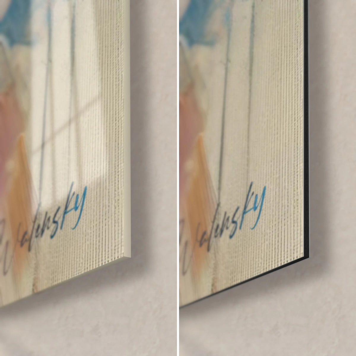 Wall art white cat painted with a palette knife, bottom right corner: glossy blue and cream glass against matte Dibond, 3 mm thick