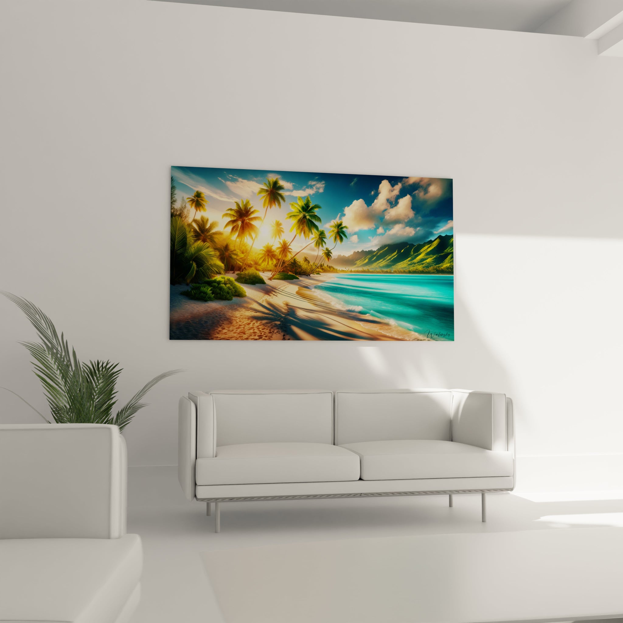 Tableau paysage figurant une côte sablonneuse tropicale, mer calme dégradée de bleu, végétation dense et soleil bas projetant des reflets dorés sur les palmiers.

