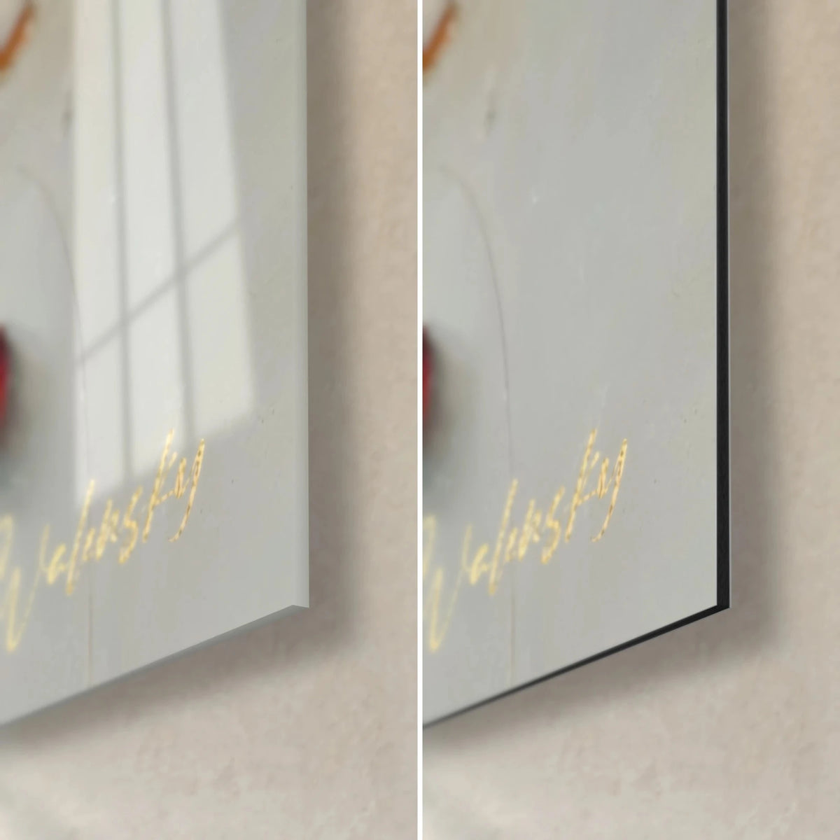Schilderij met een rood lieveheersbeestje met zwarte stippen, rechterhoek onderaan: glanzend acrylglas links, mat zwart Dibond-aluminium rechts, rand van 3 mm