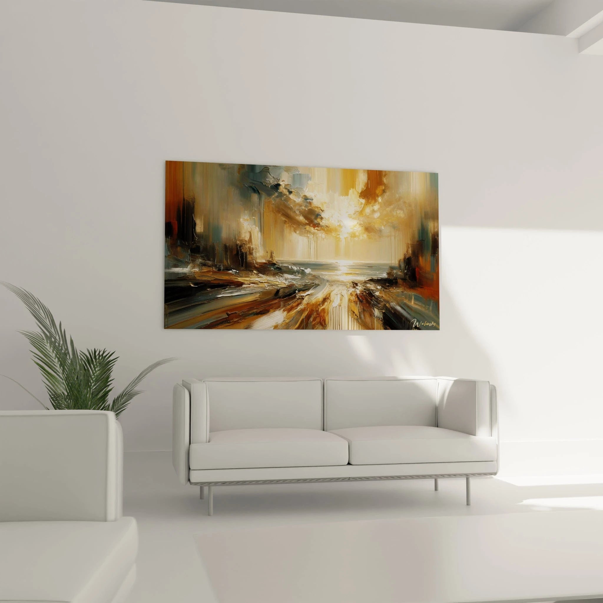 Un tableau abstrait d'horizon océanique au crépuscule. Les couleurs principales sont or brillant, bleu-gris, blanc nacré et terre de Sienne. La texture montre des applications épaisses de peinture formant des reliefs qui suggèrent des falaises rocheuses encadrant une étendue d'eau miroitante, sous un ciel nuageux où la lumière dorée perce avec intensité.
