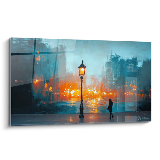Quadro notturno urbano che rappresenta una figura solitaria vicino a un lampione acceso, con tonalità blu profondo e luci dorate che si riflettono sul suolo bagnato, creando un'atmosfera malinconica in un paesaggio urbano nebbioso.
