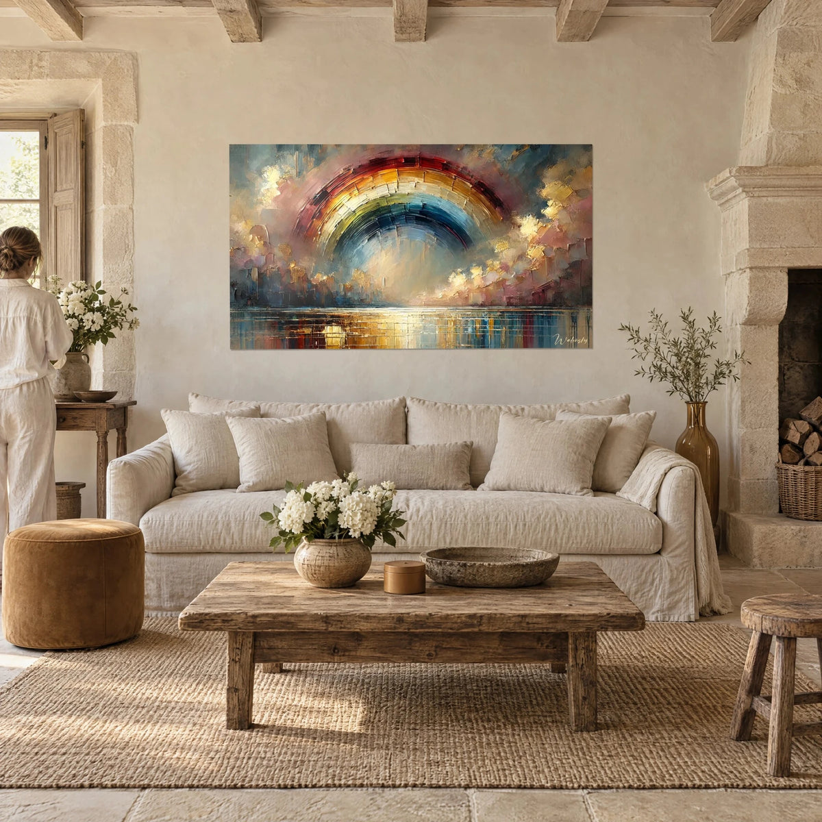 Gemälde Regenbogen mit Spachteltechnik, karminrote und nachtblaue Streifen auf goldenem Himmel, von hinten gesehen über einem Sofa in einem hellen Wohnzimmer