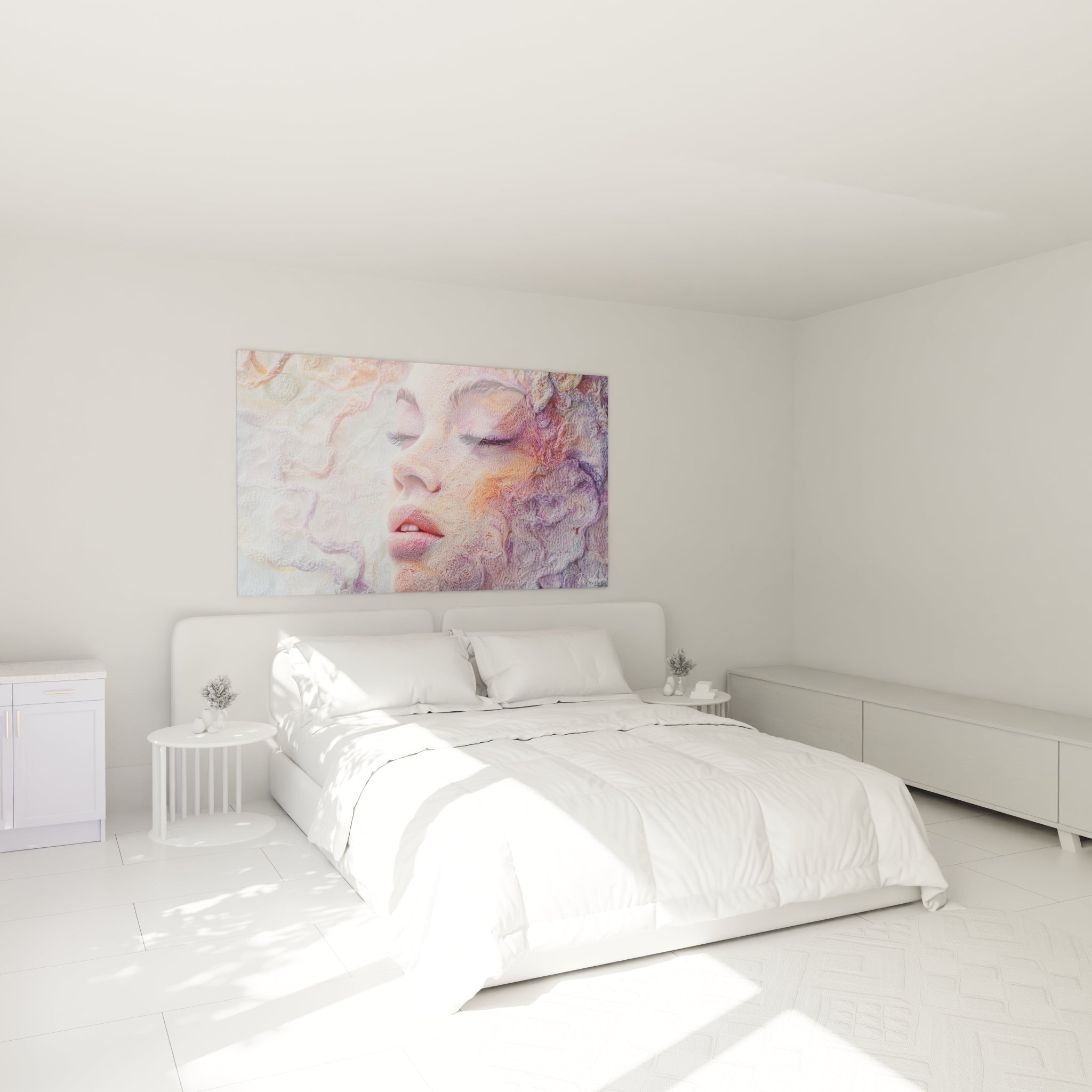 Un tableau visage méditatif créé par un réseau complexe de lignes sinueuses évoquant un tissage délicat. Le profil féminin émerge de textures vaporeuses dans des tons pastel où dominent le violet, le rose et des touches d'orange sur fond blanc nacré, créant une impression de sérénité et de flottement.
