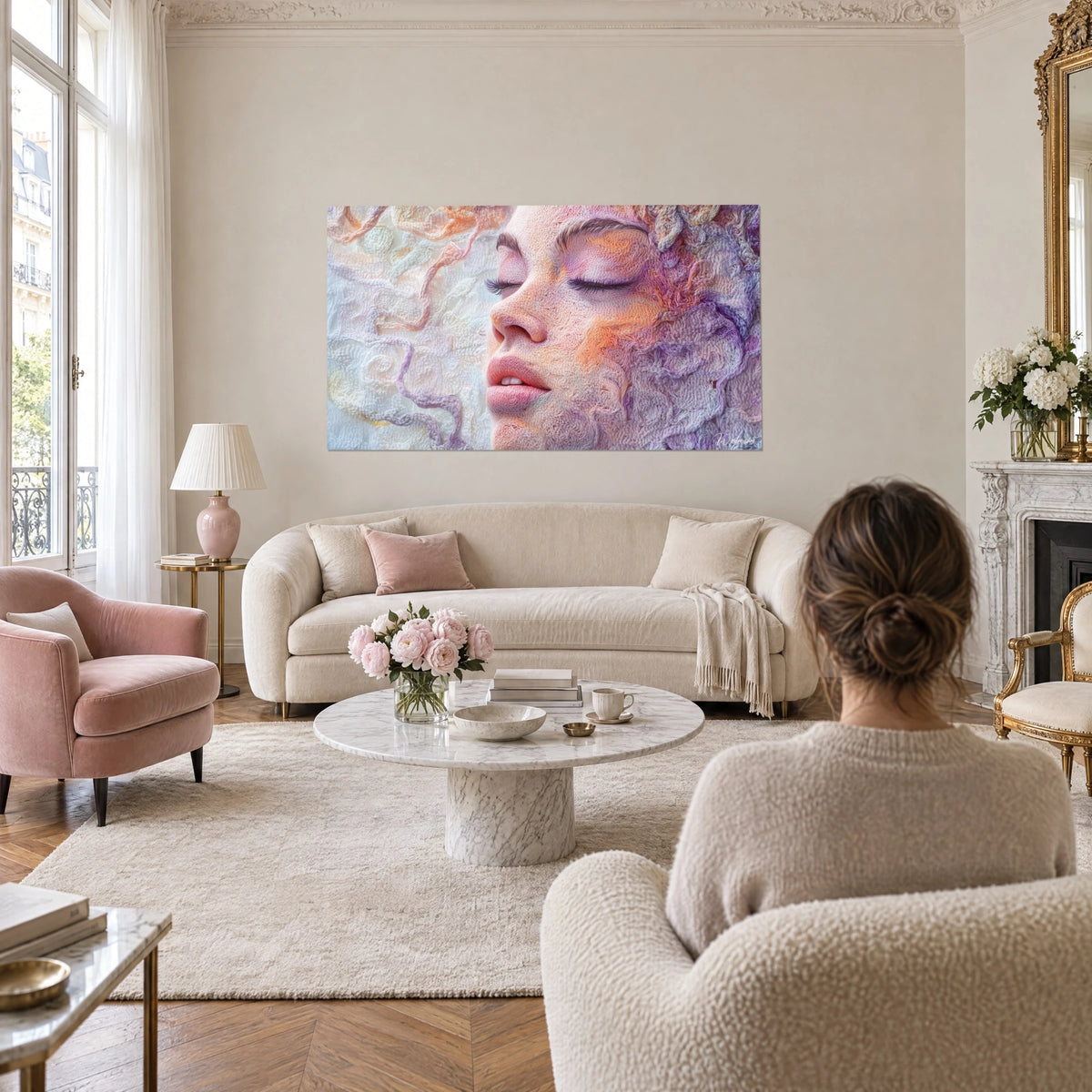 Tableau visage de femme aux paupières closes, fils crochetés rose et lavande, au-dessus d'un canapé dans un salon lumineux