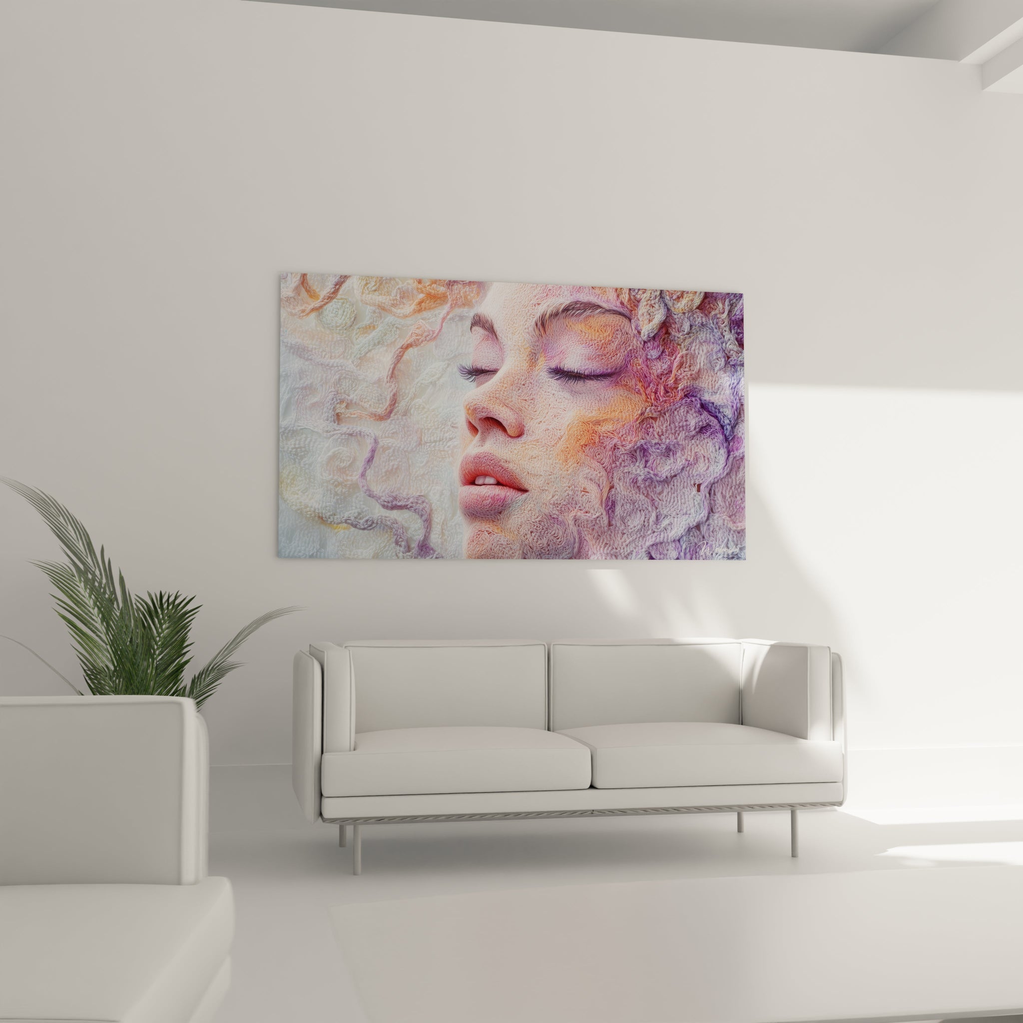 Un tableau visage onirique où chaque trait est composé de filaments colorés entrelacés formant un portrait féminin aux yeux fermés. Les couleurs pastel – rose, blanc et violet – se fondent par transitions douces, créant une texture vibrante qui donne l'illusion d'un visage tissé émergeant d'un brouillard chromatique.
