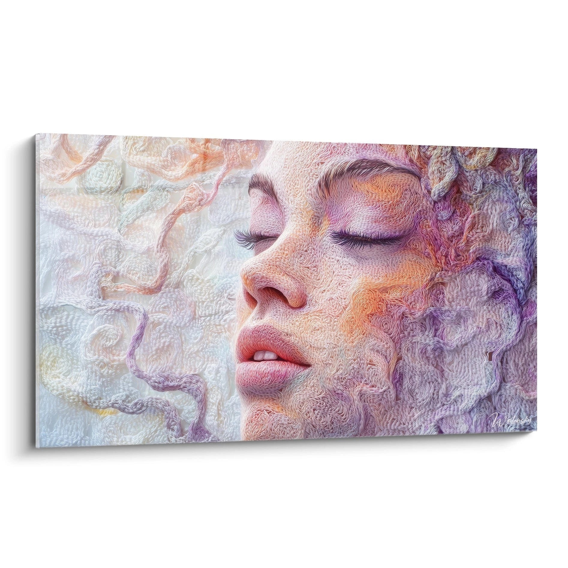 Un tableau visage féminin aux traits filamenteux, présentant un profil serein aux yeux clos, composé de lignes entrelacées créant une texture semblable à des fibres. Les teintes rose, violet et blanc se fondent harmonieusement, formant des motifs tourbillonnants qui enveloppent le sujet dans une atmosphère onirique.
