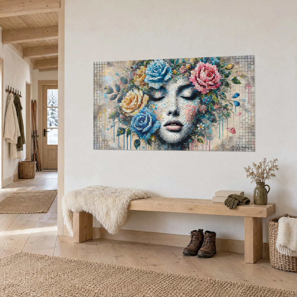 Gemälde schlafendes Mosaikporträt, Kranz aus blauen und ockerfarbenen Rosen, türkise Laufspuren, Holzbank und Schaffell, Chalet-Eingang