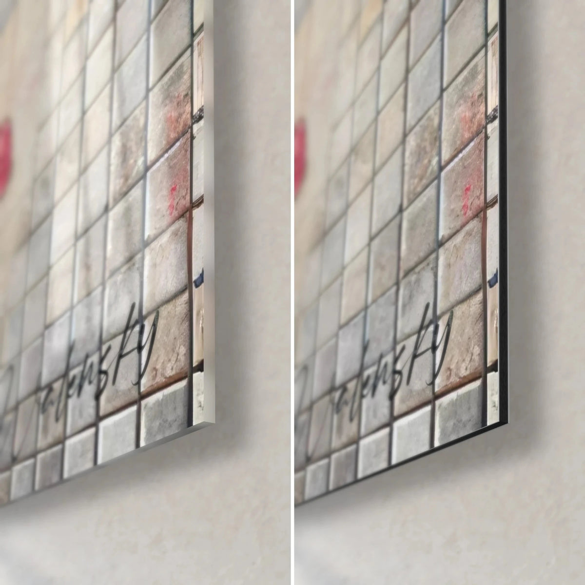 Gemälde träumende Frau im Mosaik, untere rechte Ecke: glänzendes Acrylglas mit Reflexen links, matt graues Dibond-Aluminium rechts, 3 mm Kante