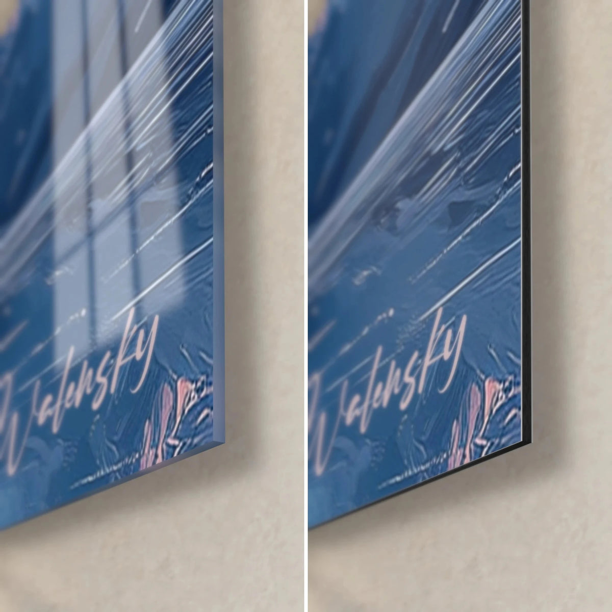 Wall art signed Walensky in pale pink on a navy sky, bottom right corner: glossy acrylic glass and matte black Dibond, 3 mm edge