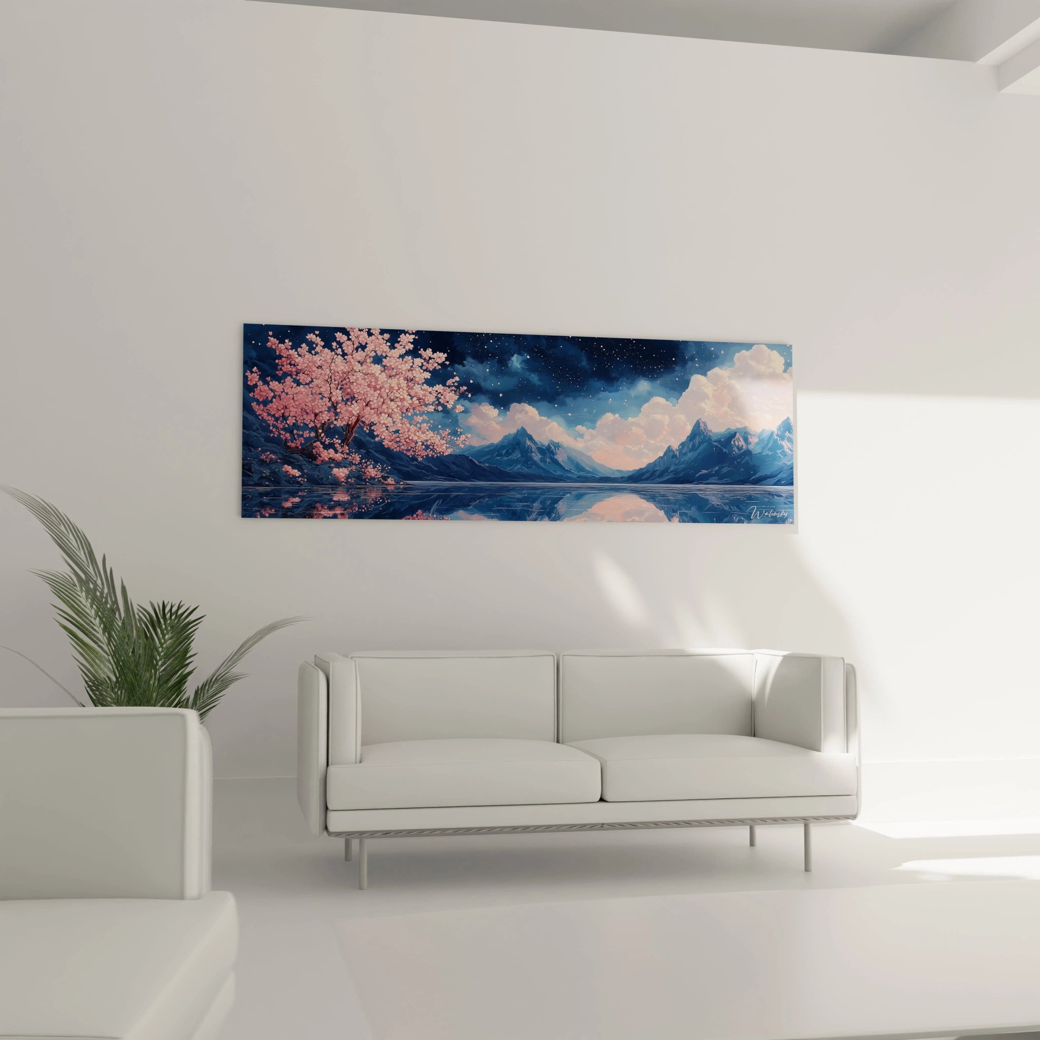 Un tableau montagne affichant un paysage alpin avec un arbre de cerisier rose en fleurs sur la gauche, une chaîne de montagnes bleues à l'horizon et leur réflexion miroir dans un lac aux eaux tranquilles sous un ciel étoilé.

