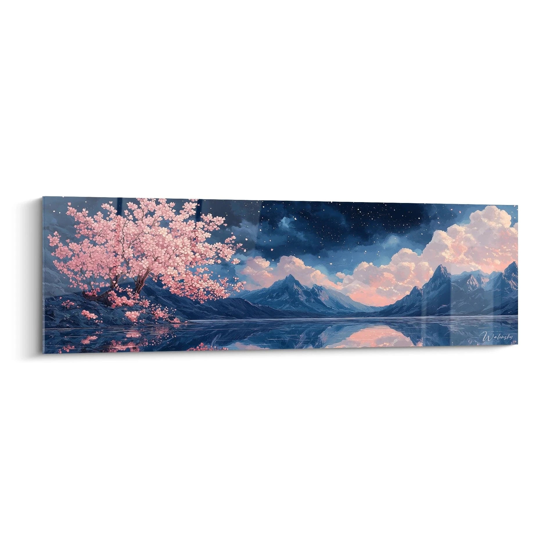 Un tableau montagne représentant une vue panoramique avec un cerisier en fleurs roses au premier plan et des sommets bleus se reflétant dans un lac cristallin sous un ciel étoilé aux nuances crépusculaires.
