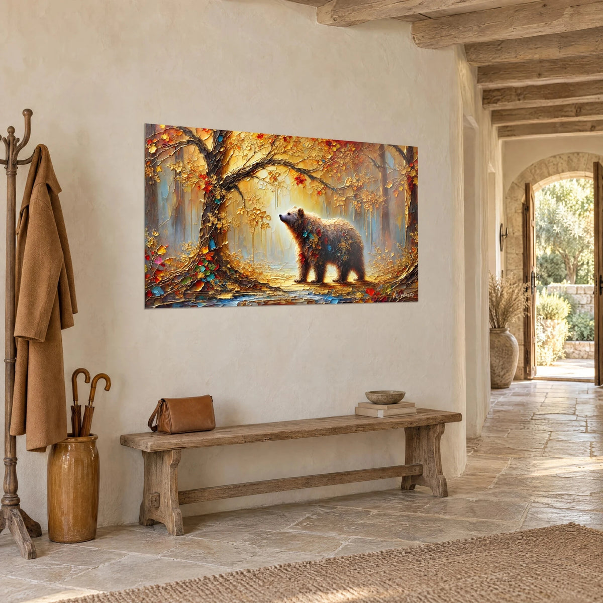 Wall art bear sniffing the air beneath a vault of ochre and orange branches, thick golden impasto relief, in a stone hallway