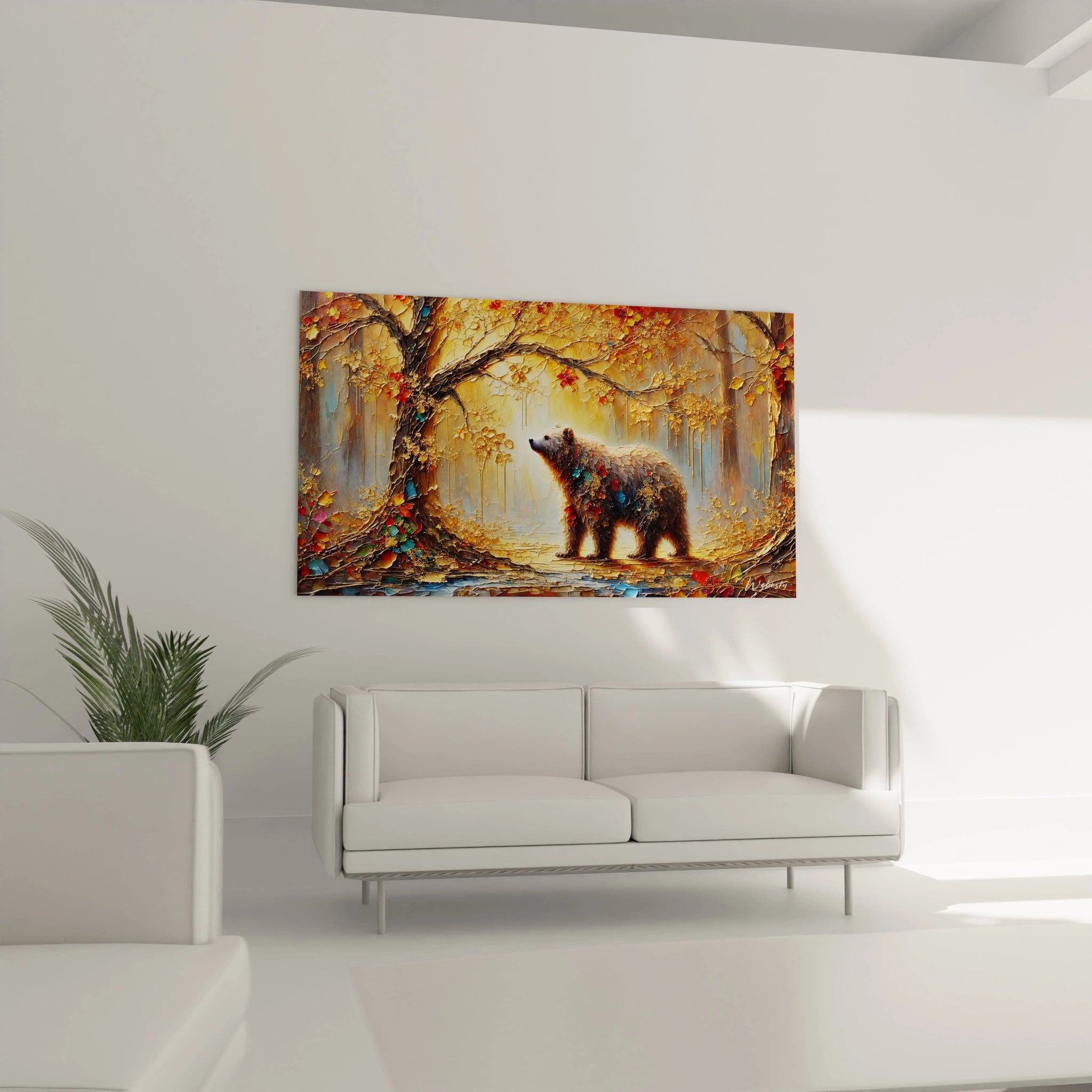 Parfait pour un salon, ce tableau ours brun surplombe le canapé, apportant une touche naturelle et sophistiquée. L’ours majestueux enrichit l'ambiance avec des teintes automnales chaleureuses.

