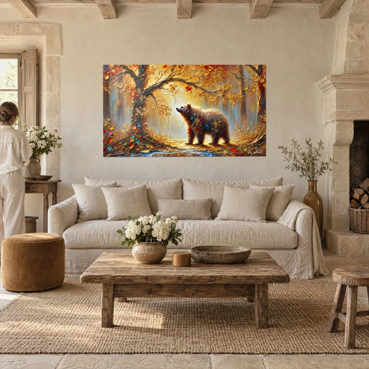 Wall art brown bear with coat dotted in turquoise and red touches, golden autumn forest, above a sofa in a bright living room