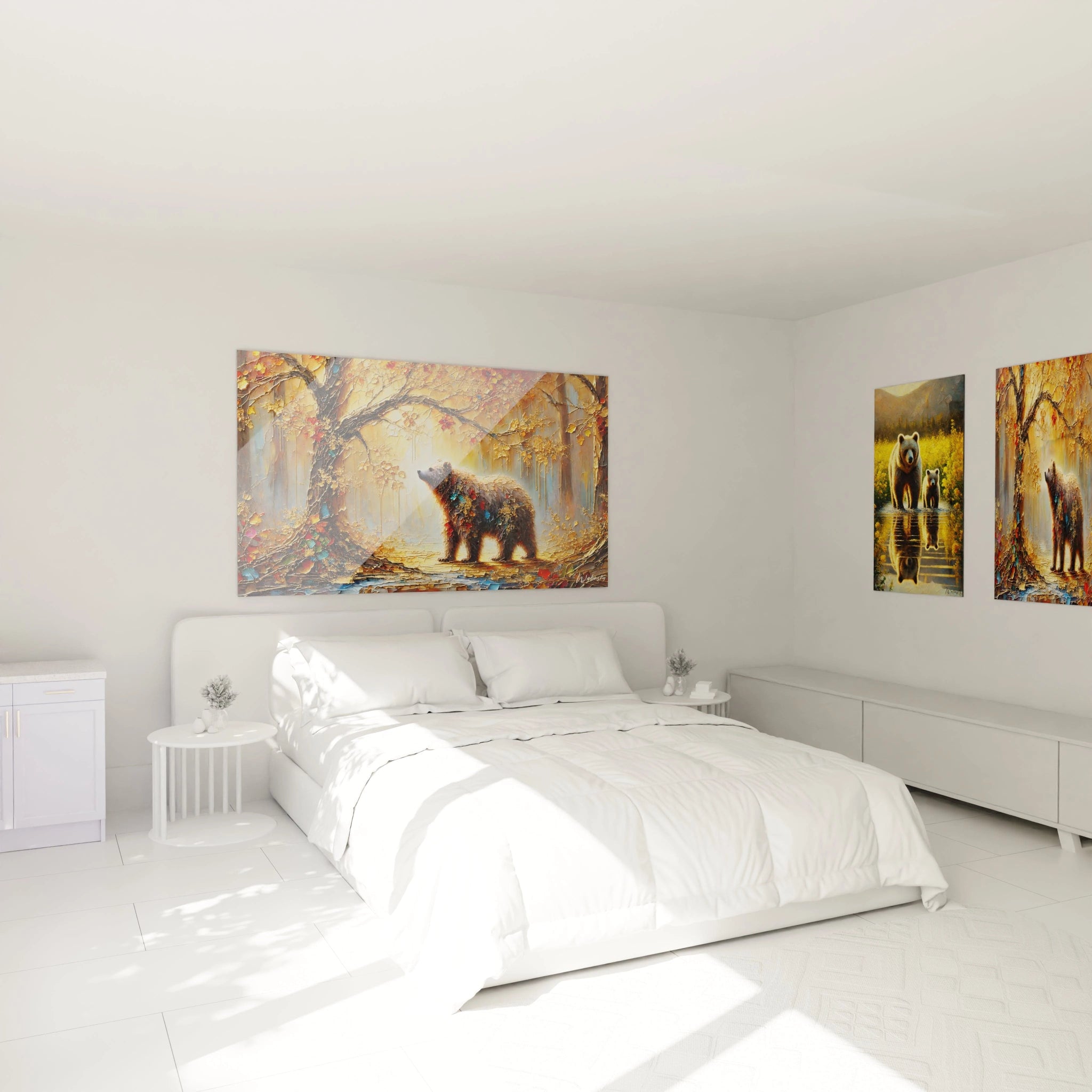 Le tableau ours brun ajoute une atmosphère de sérénité à cette chambre. Accroché au-dessus du lit, il harmonise parfaitement les couleurs chaudes de l'automne avec l'espace de repos.

