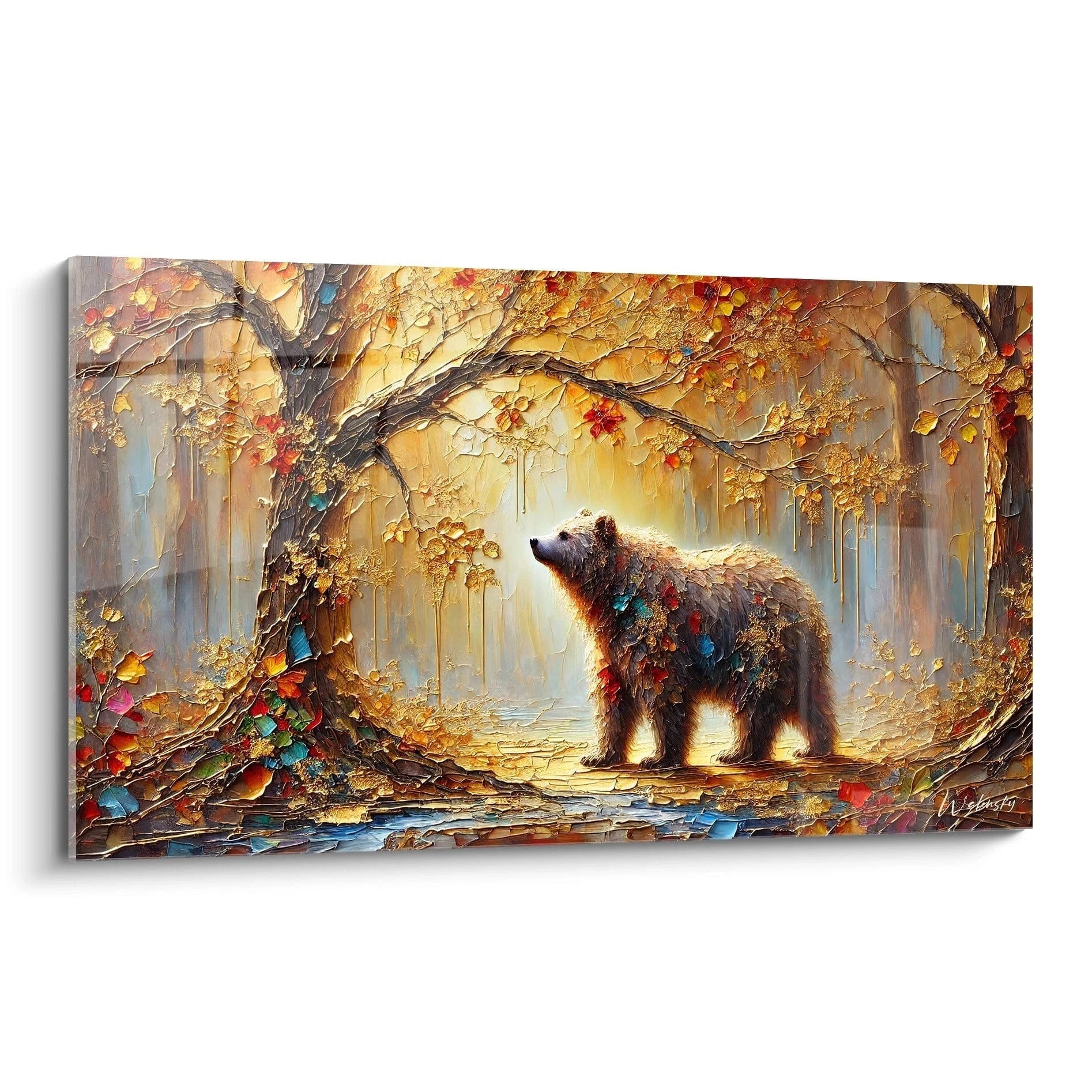 Le tableau ours brun illustre la force tranquille de l’animal dans une forêt automnale, avec des contrastes éclatants. Vue de biais, cette œuvre révèle la beauté sauvage de la nature.

