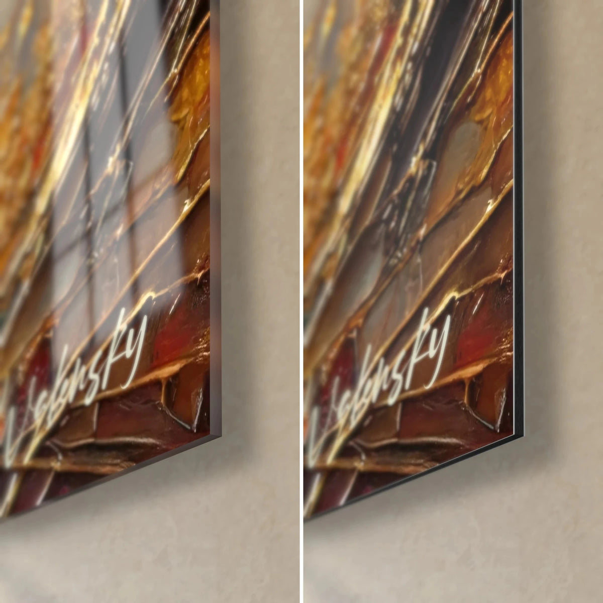 Wall art brown bear on an amber background, bottom right corner: glossy acrylic glass on the left, matte Dibond aluminium on the right, 3 mm edge