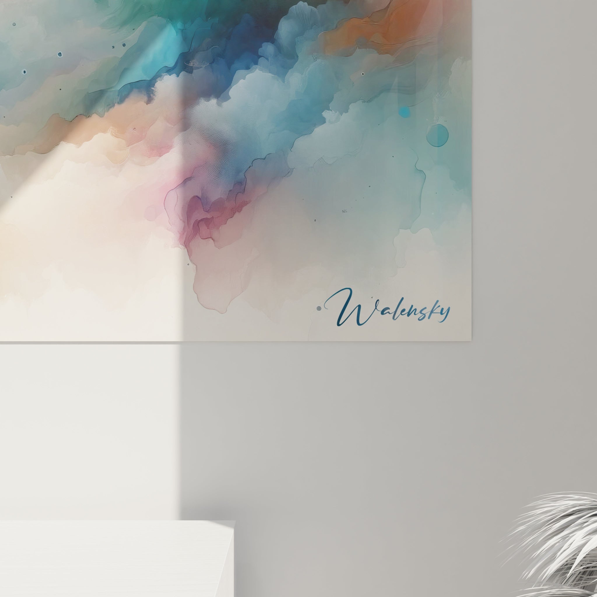 Tableau abstrait présentant des volutes colorées semblables à des nuages. Gamme de couleurs douces mélangeant bleu azur, rose poudré, vert pâle et beige sur fond blanc. Texture fluide avec pigments aqueux et zones de diffusion créant un dégradé naturel. Motif atmosphérique avec masses colorées enveloppantes et centre éclairci suggérant une percée lumineuse dans un ciel imaginaire.
