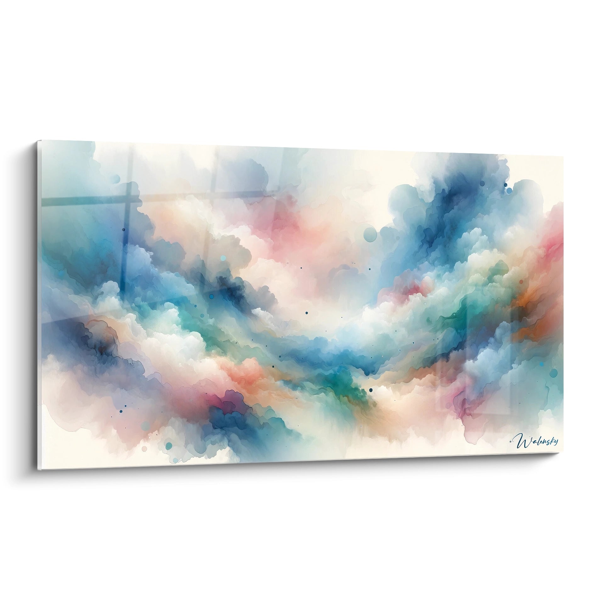 Tableau abstrait représentant des nuages vaporeux aux teintes délicates. Palette pastel de bleu turquoise, rose pêche, vert menthe et beige crème. Texture aquarelle avec encres diffuses et frontières fondues entre les couleurs. Composition horizontale évoquant un ciel onirique avec zones de condensation et clairières lumineuses.
