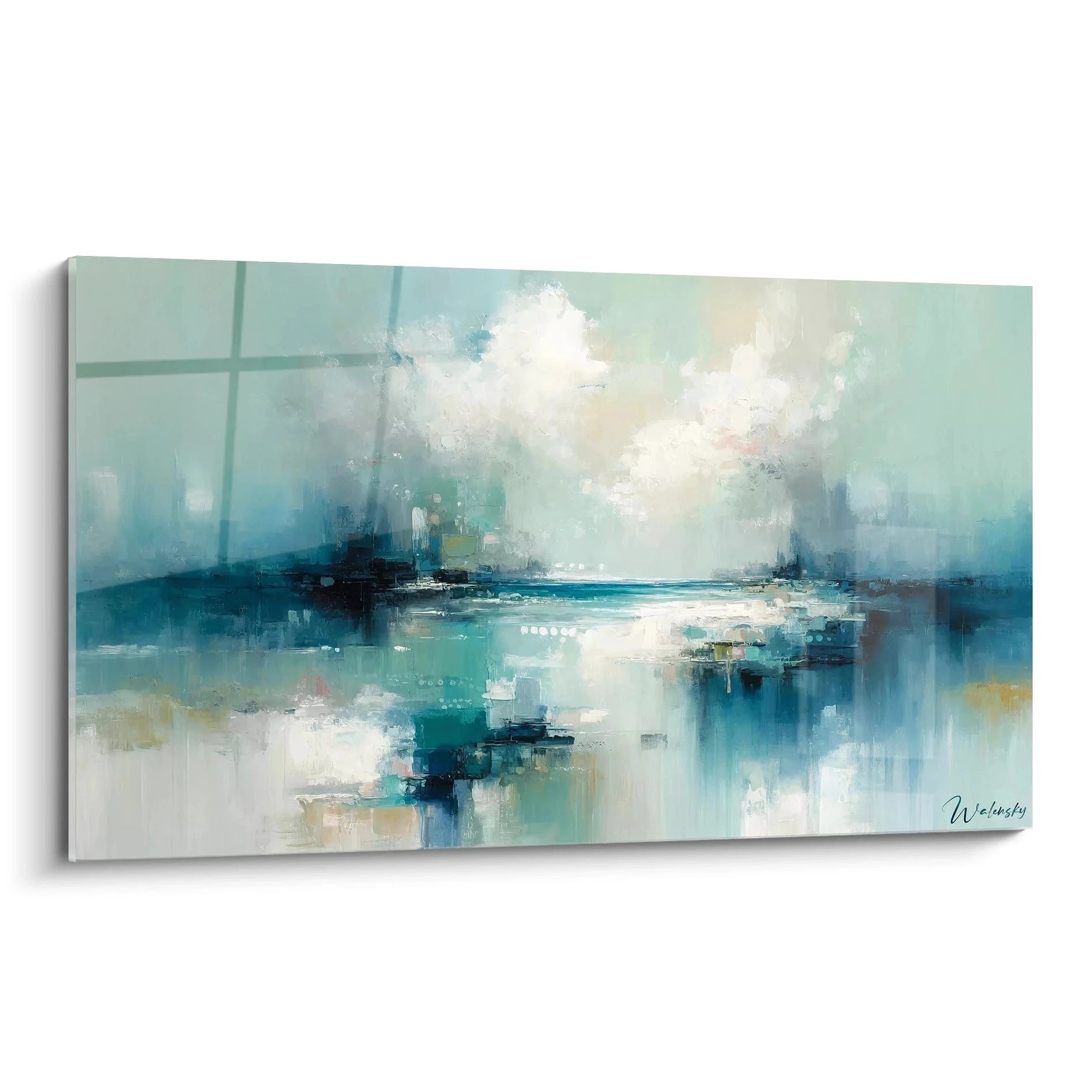 Un tableau abstrait de paysage marin aux tons aquatiques. Dominé par des teintes turquoise, bleu pétrole, blanc crème et touches de beige. La texture présente des zones brumeuses et vaporeuses suggérant des nuages qui se reflètent dans une étendue d'eau calme, avec une luminosité centrale diffuse et des formes rectangulaires subtiles créant une composition horizontale équilibrée.

