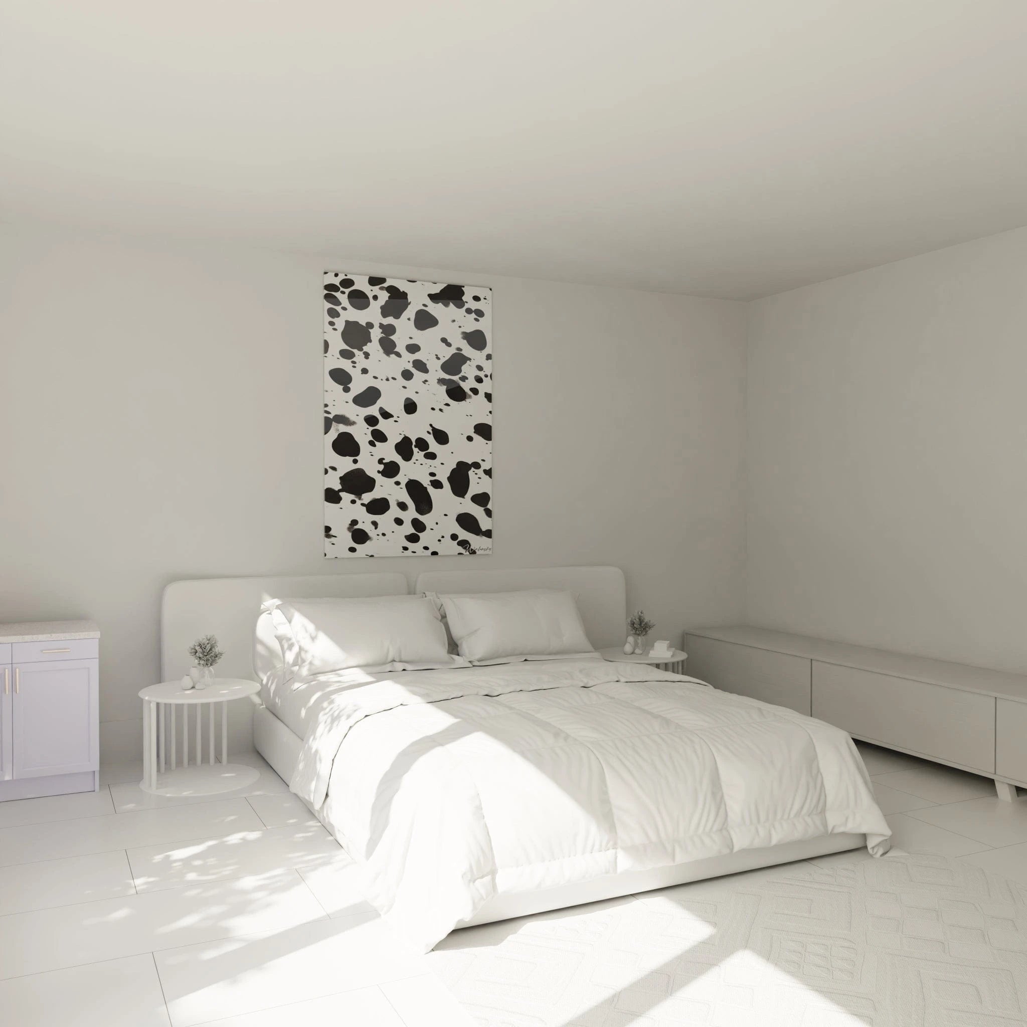Tableau tacheté noir et blanc par Walensky accroché au mur d'une chambre moderne et lumineuse