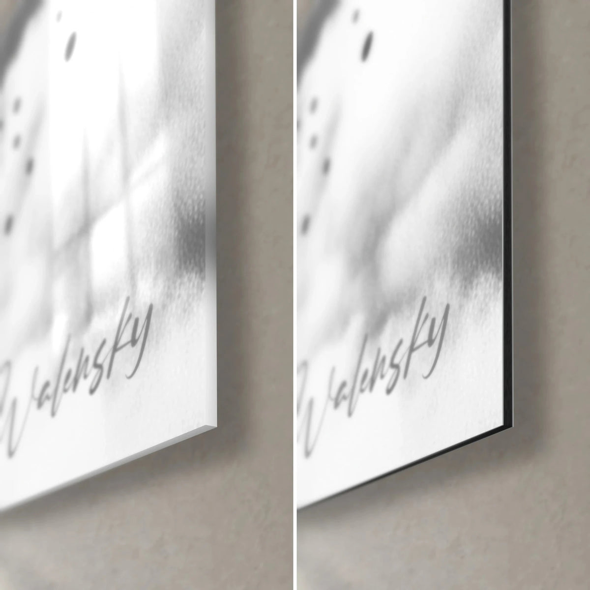 Wall art of white and grey cumulus clouds, bottom right corner: glossy acrylic glass with reflections, matte black Dibond aluminium, 3 mm edge