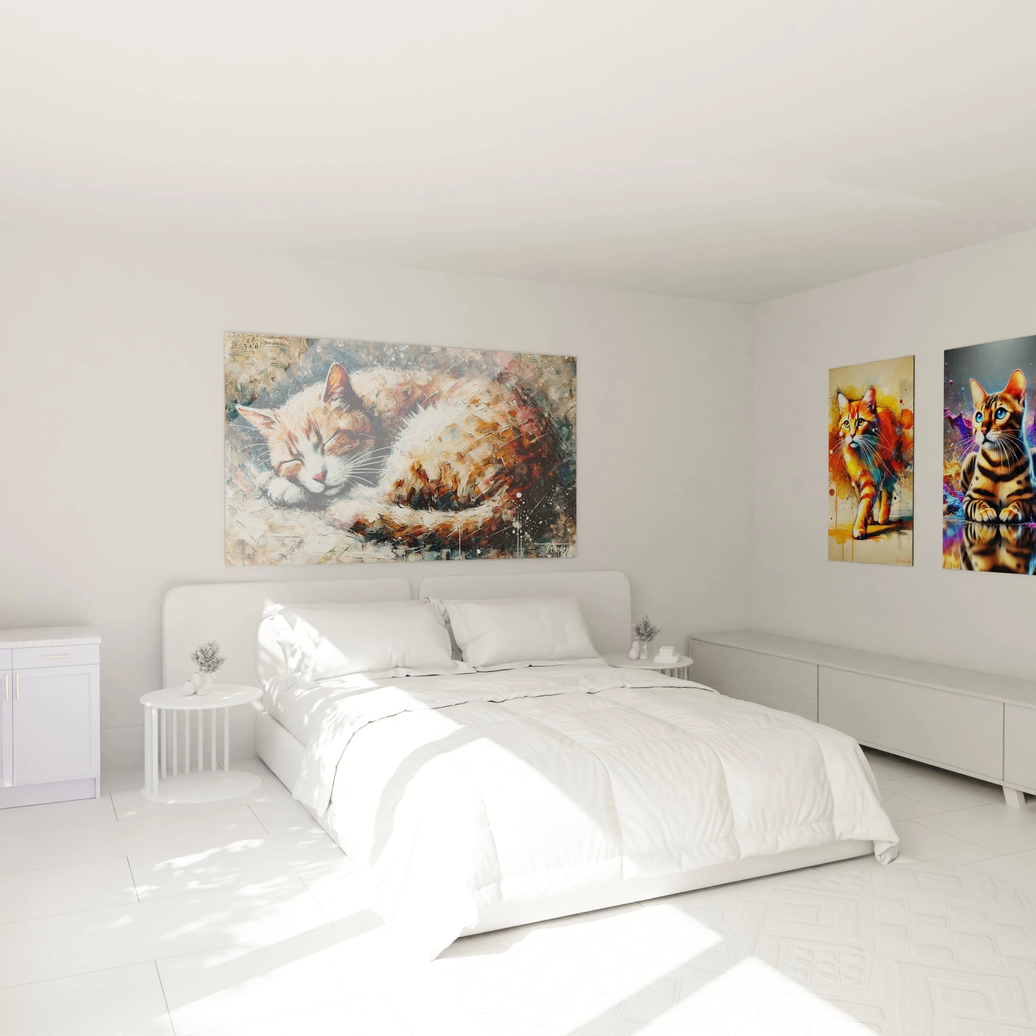 Ce tableau chat, suspendu au-dessus du lit, ajoute une atmosphère paisible à votre chambre. Ses couleurs riches et son style abstrait créent une ambiance relaxante, parfaite pour les moments de détente.

