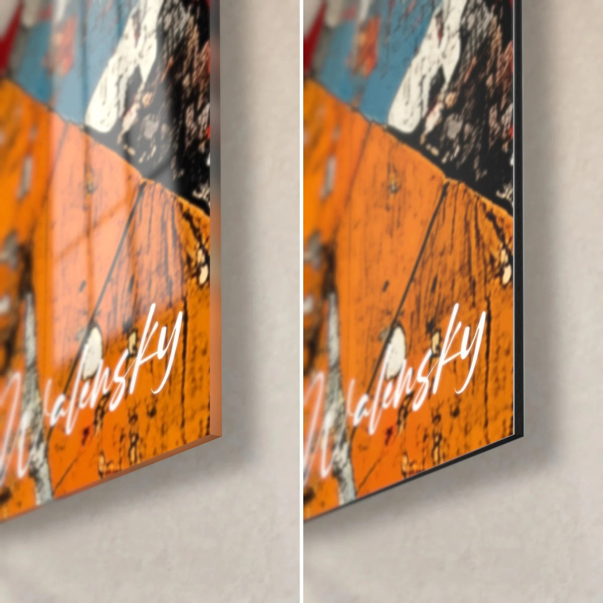 Tableau fragments cubistes orange et bleu pétrole, signature Walensky blanche, verre brillant reflétant à gauche, Dibond mat à droite