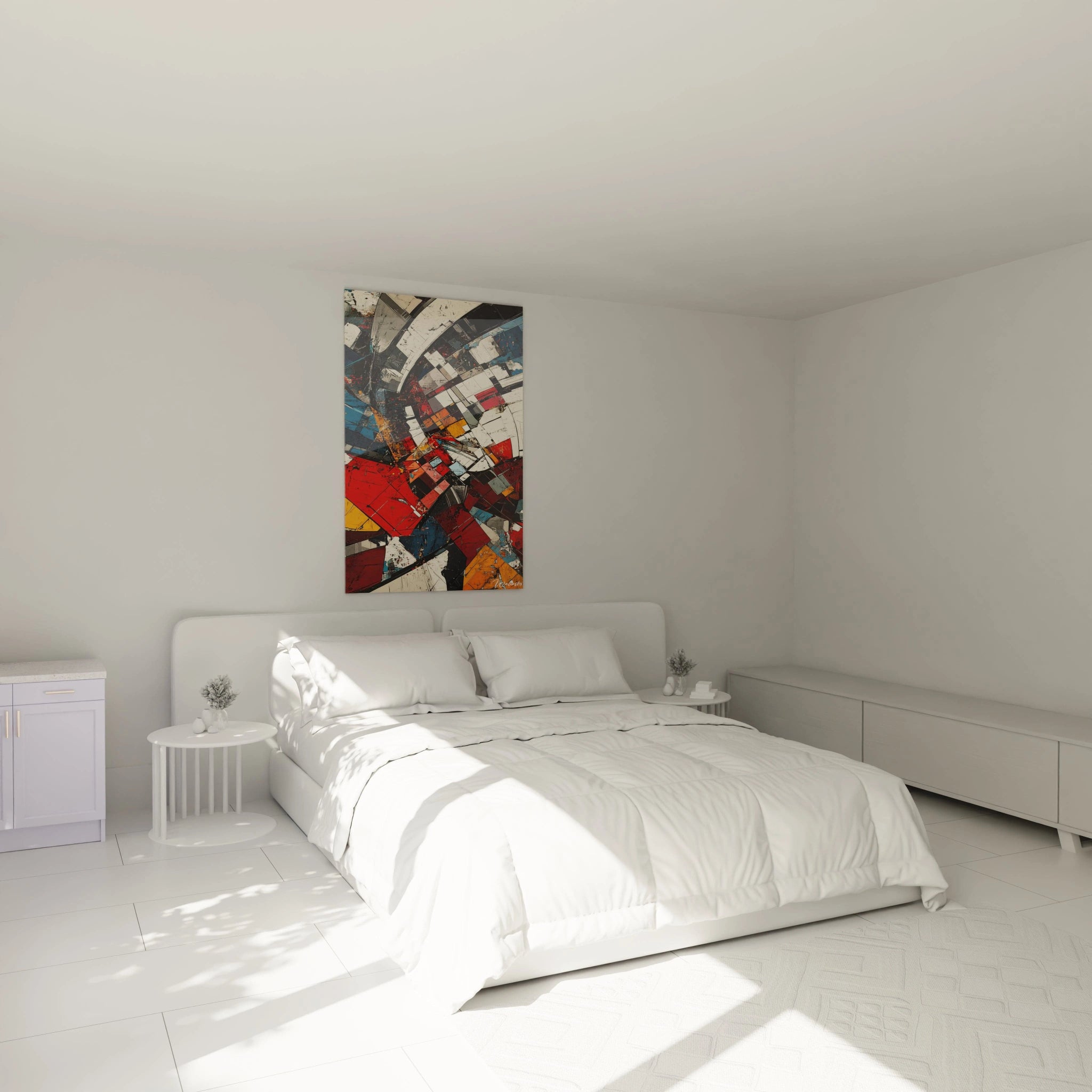 Tableau géométrique abstrait Walensky suspendu dans une chambre moderne et lumineuse