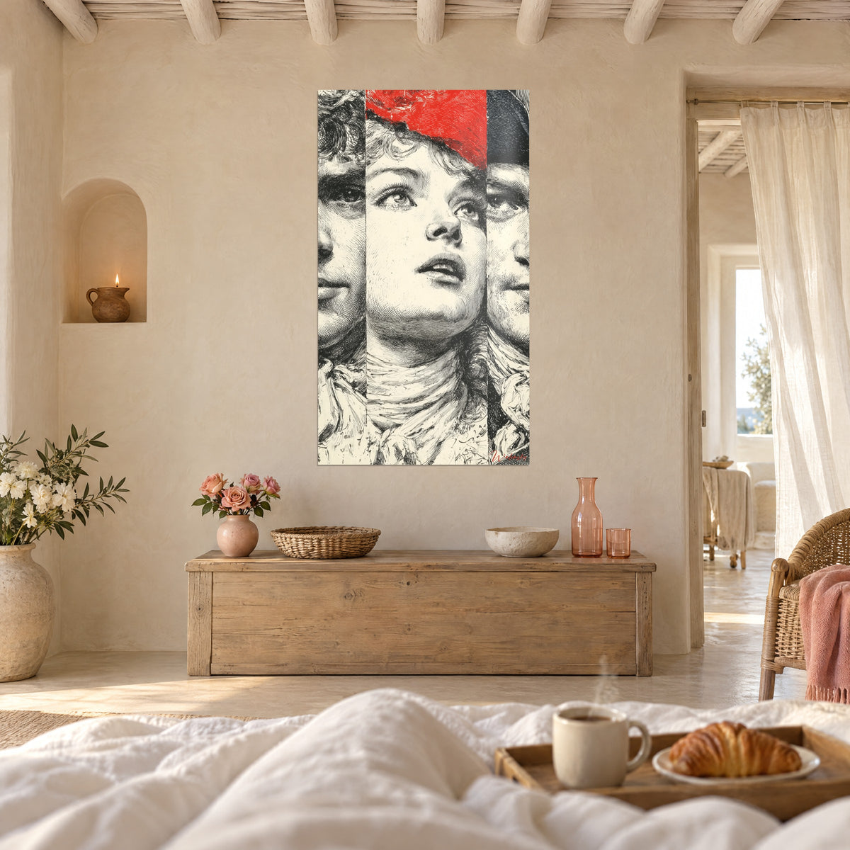 Cuadro joven con mirada elevada, trazos negros, gorro rojo, fondo marfil, encima de una cama en un dormitorio luminoso