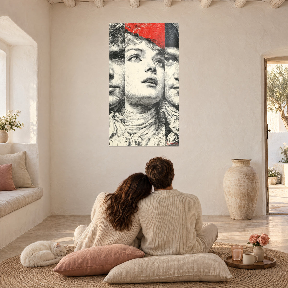 Cuadro tres rostros grabados, cabello rizado, gorro rojo, fondo crema, una pareja y un gato sobre cojines rosas