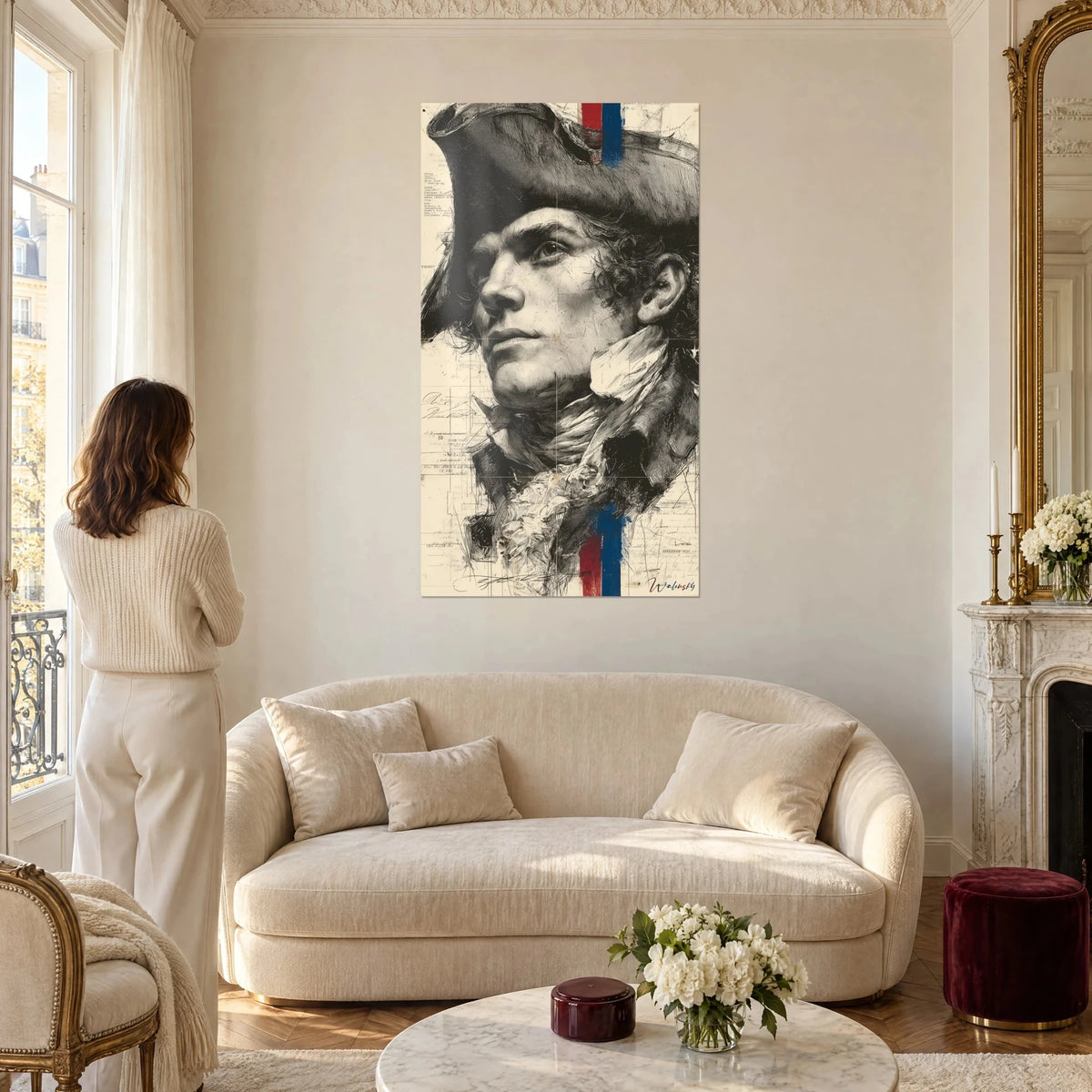 Gemälde Revolutionsbild mit eingraviertem Dreispitz, Gesicht im Profil, blaue und rote Streifen, über einem Sofa in einem hellen Wohnzimmer