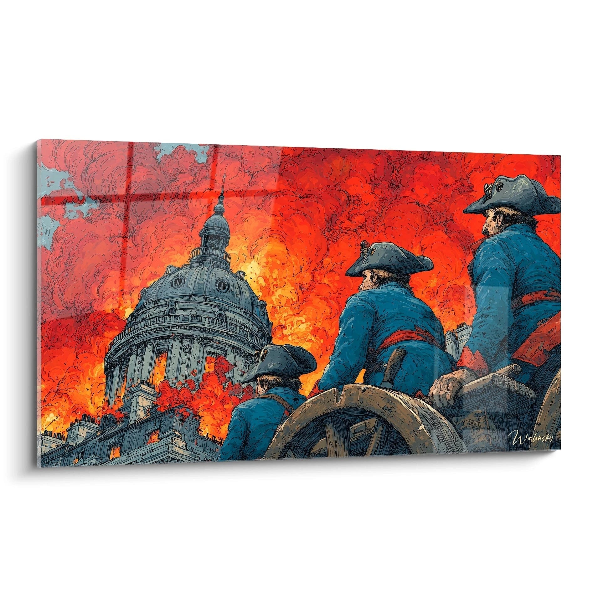 tableau révolution française mural Walensky montrant soldats en manteaux bleus face à un bâtiment en flammes