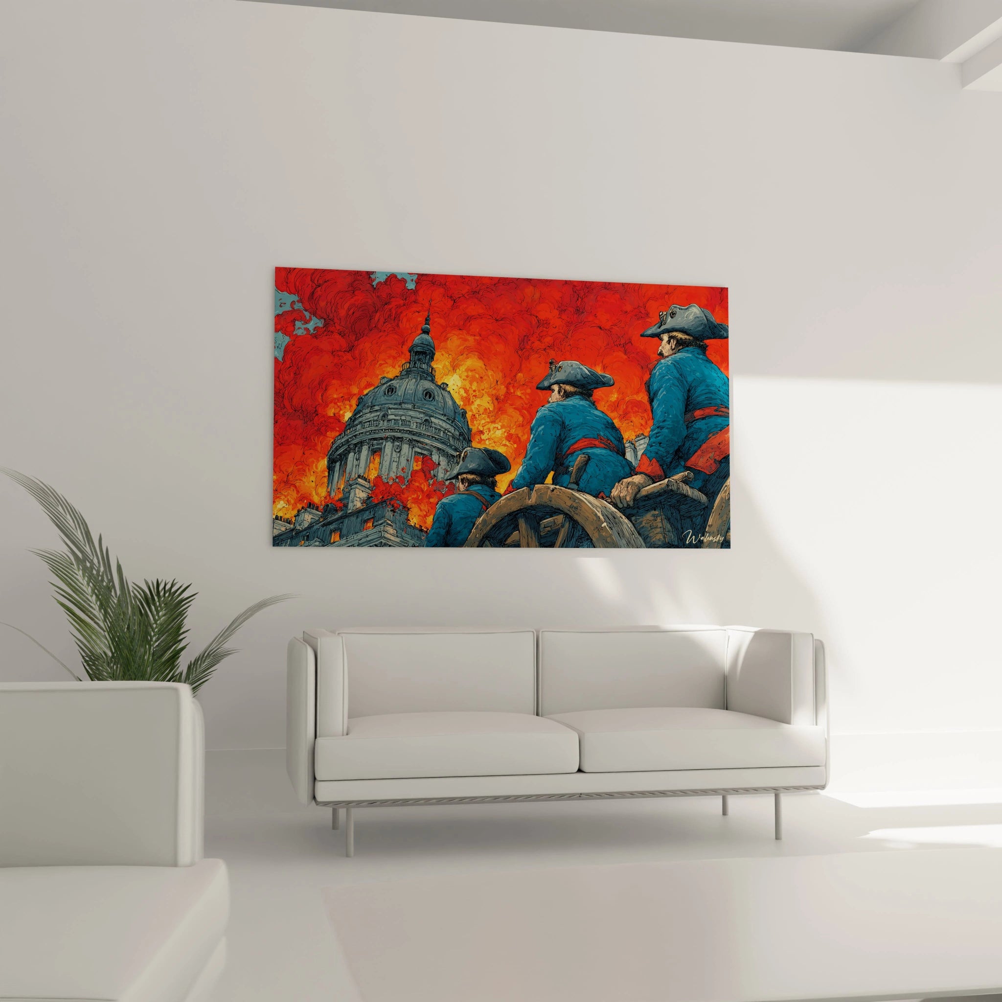 tableau révolution française Walensky tableau mural scène de soldats en bleu devant dôme en flammes rouge