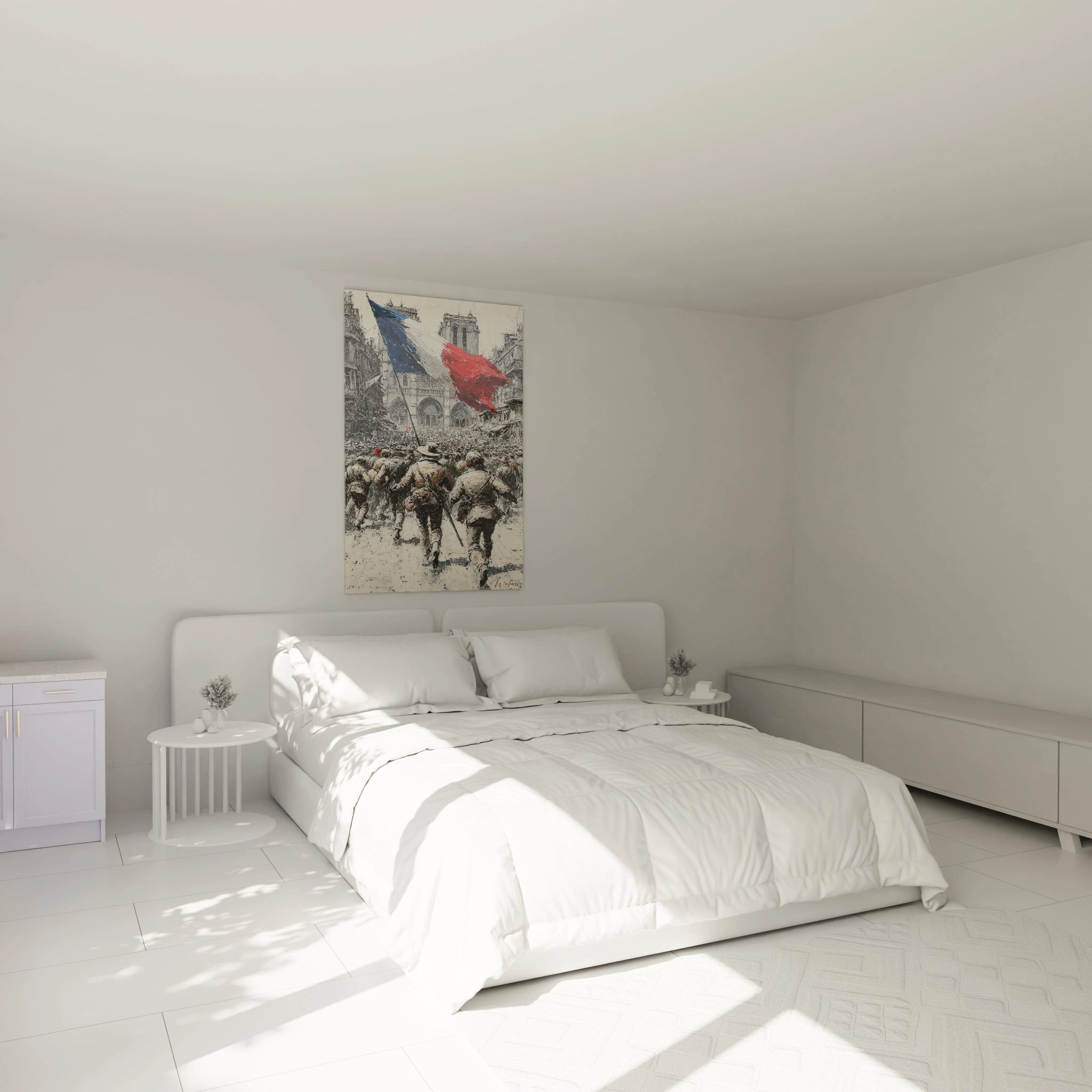 Walensky tableau révolution française vintage toile murale au dessus du lit dans une chambre minimaliste
