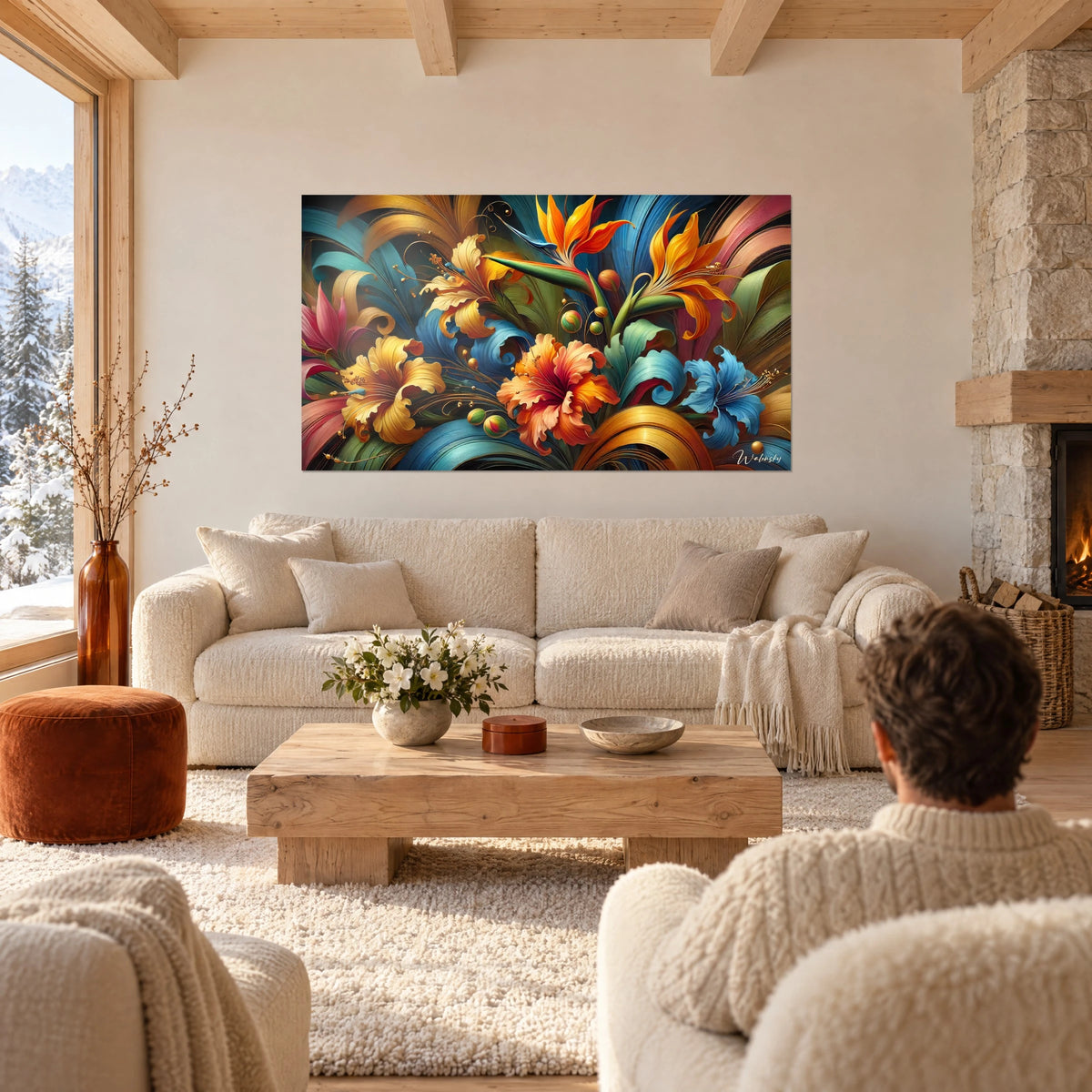 Schilderij tropisch boeket met oranje hibiscus en blauwe bloemen op een donkere achtergrond, boven een bank in een lichte woonkamer