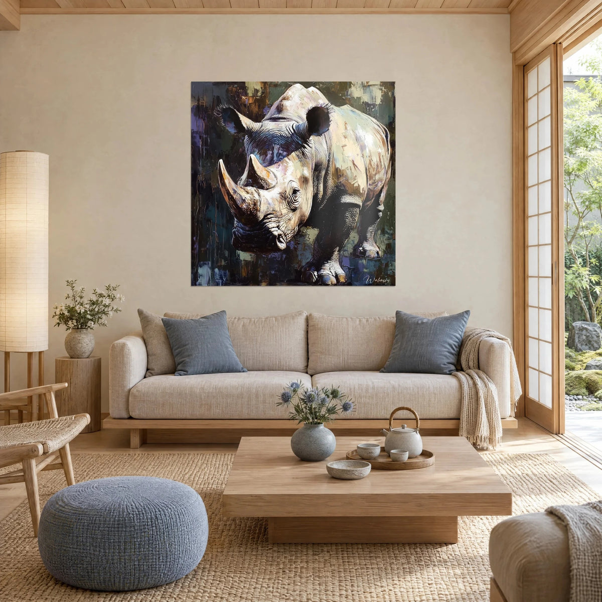 Tableau rhinocéros blanc aux cornes ivoire, peau plissée crème sur fond vert olive et violet, au-dessus d'un canapé dans un salon lumineux